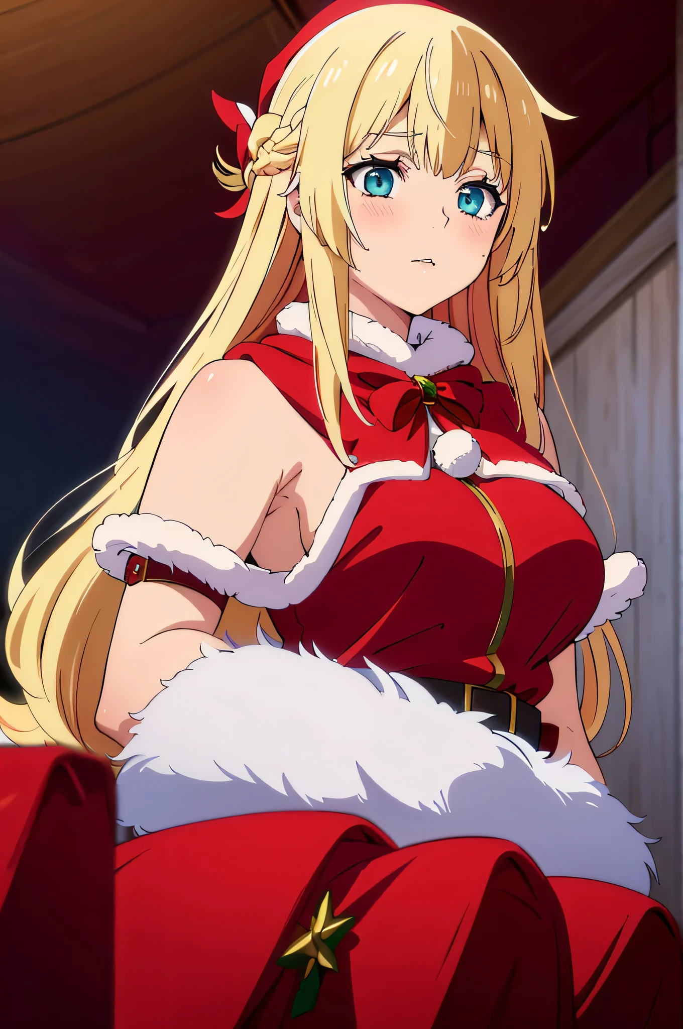 (((solo)))blonde hair,blue eyes long hair, blush, red capelet, christmas, santa dress, capelet, dress, fur-trimmed capelet, santa costume, santa hat, red dress, red headwear, bangs, breasts, fur-trimmed dress, hat, fur trim, upper body, masterpiece, best quality