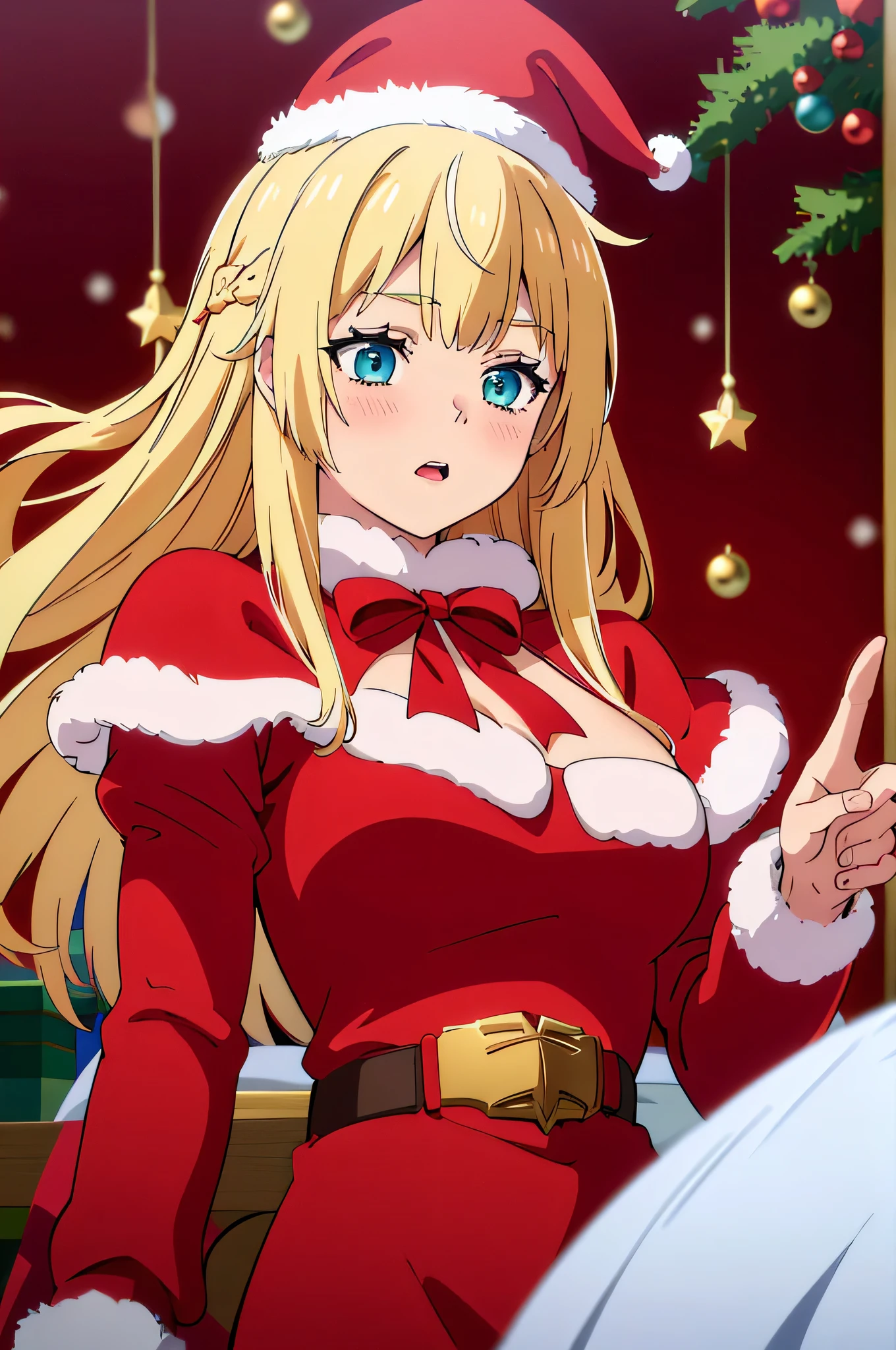 (((solo)))blonde hair,blue eyes long hair, blush, red capelet, christmas, santa dress, capelet, dress, fur-trimmed capelet, santa costume, santa hat, red dress, red headwear, bangs, breasts, fur-trimmed dress, hat, fur trim, upper body, masterpiece, best quality
