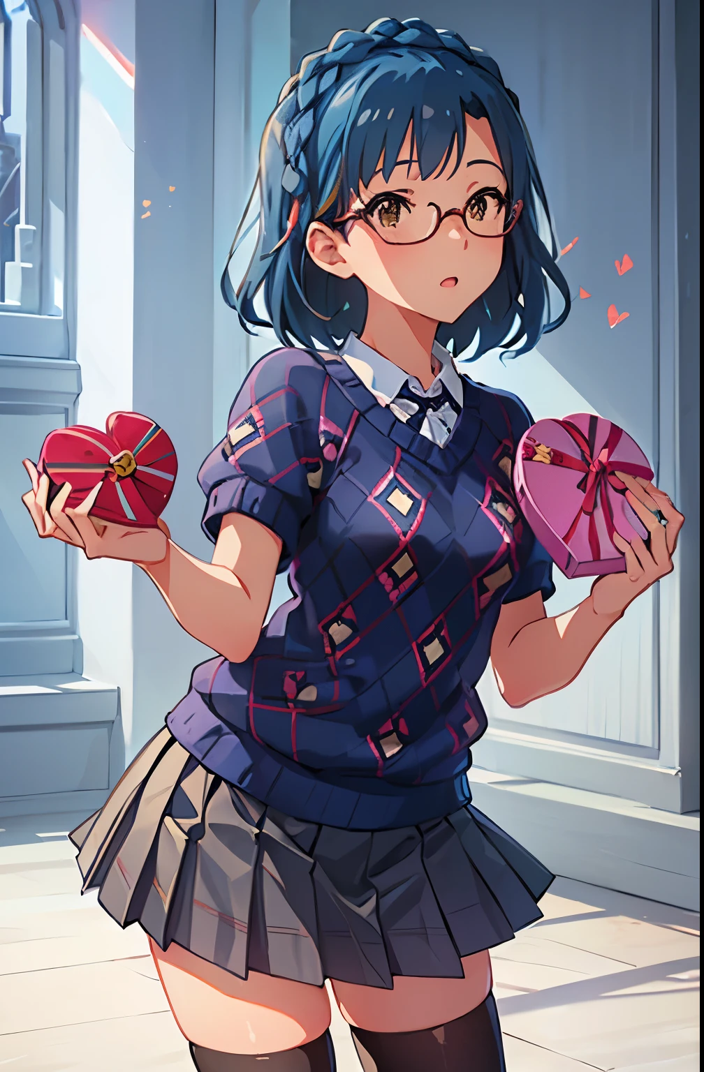 yuriko nanao (million live), 1 girl, Solo, Cute Girl, Best Quality, Ultra-detailed, 8K, High resolution, Detailed face, Bob Hair, (((embarrassed, holding a small box, heart shaped box))), ((wearing glasses, blue sweater, Argyle sweater, short sleeves))), gray skirt, pleated skirt, black socks, brown footwear)),