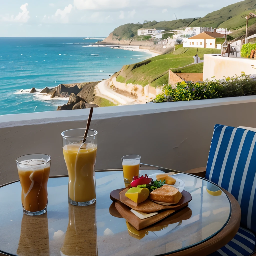 summer cafe, table with breakfast, cafe on the background of the sea,