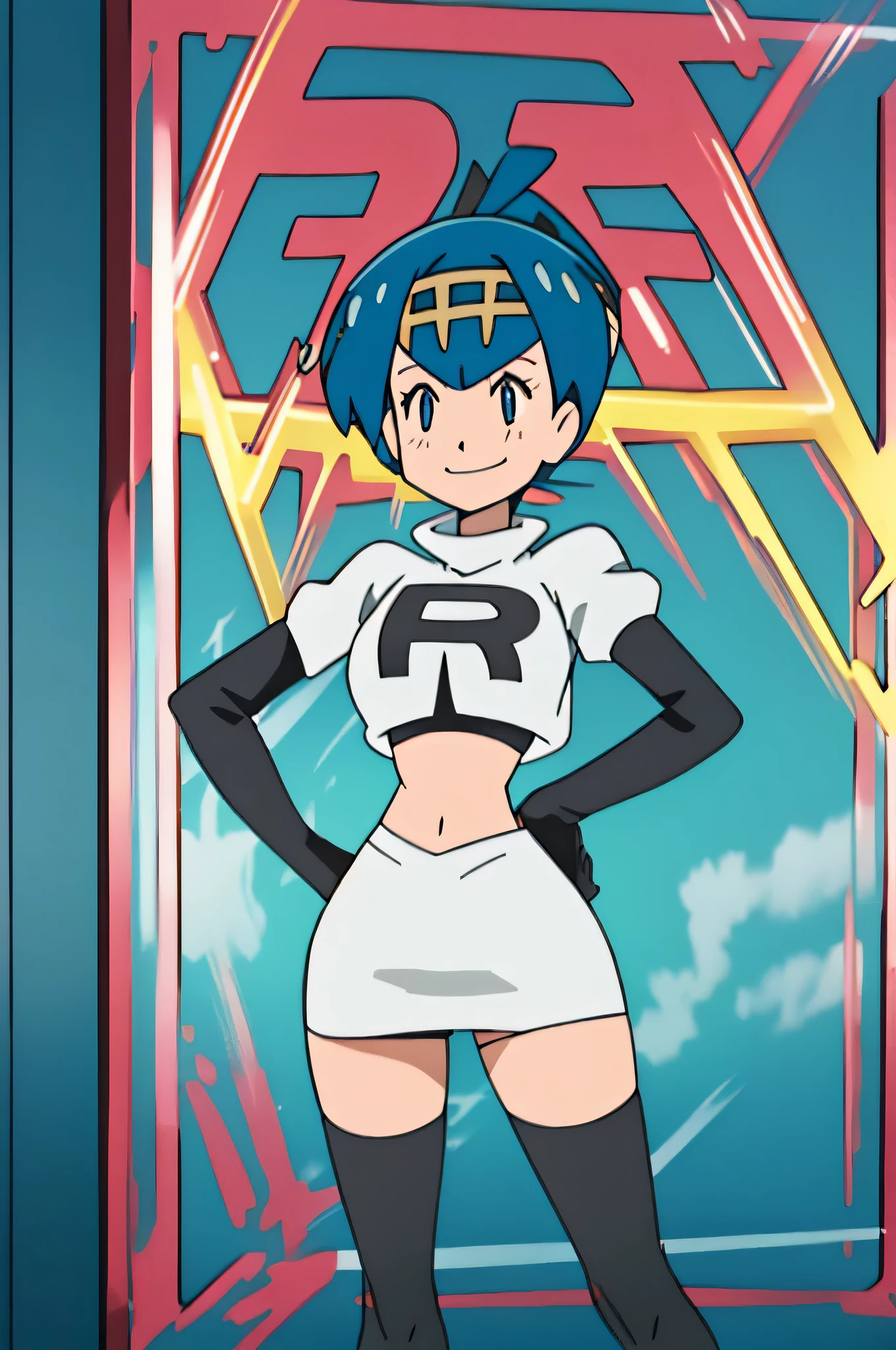 8k, anime screencap,1girl in, (solo:1.1), (perfect body:1.1), (best quality:1.1), very large breast, team rocket uniform, red letter r, white skirt,white crop top,black thigh-high boots, black elbow gloves, evil smile, looking down at viewer, hands on hips,zettai ryouiki, cowboy shot
