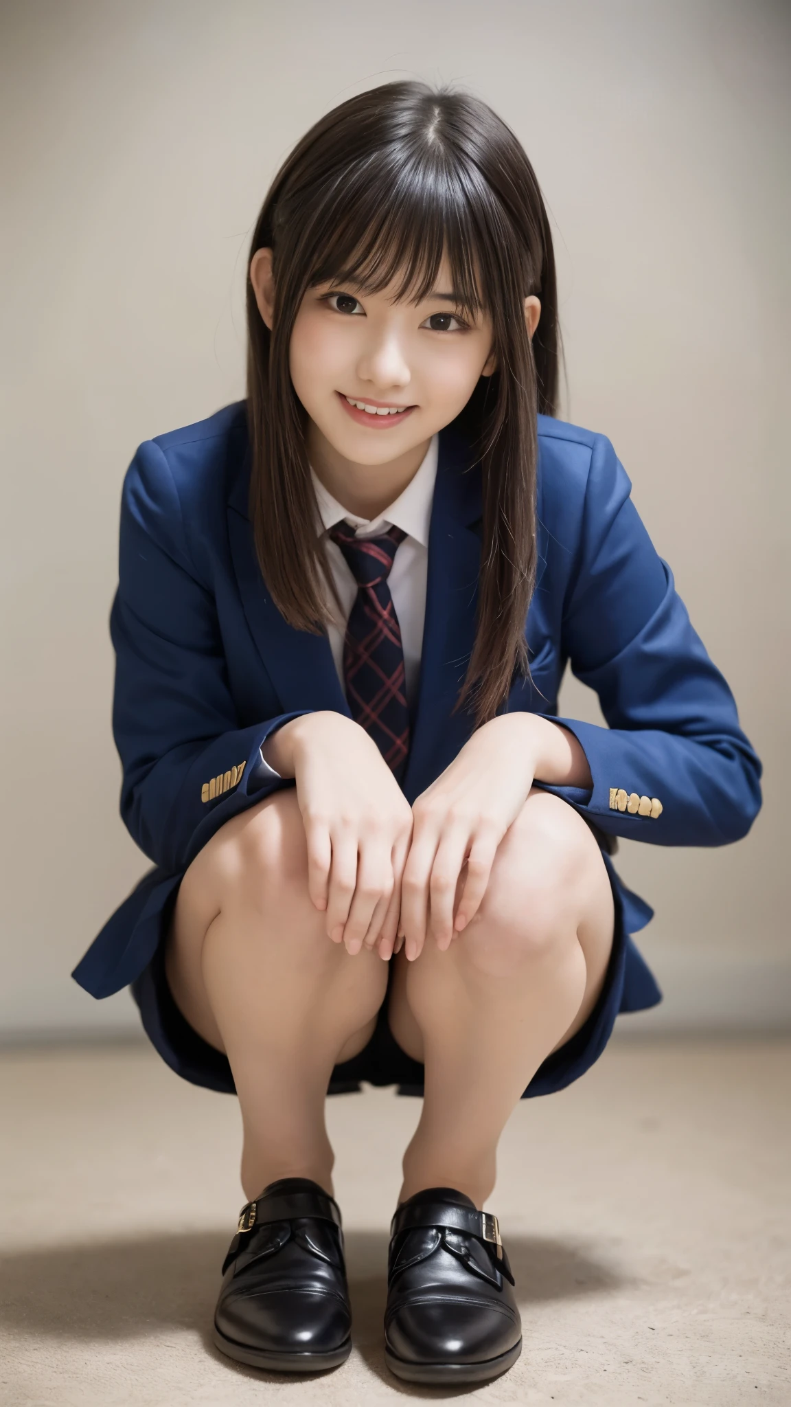 歩道でsquatting downpretty girl,red tie uniform,dark blue closed blazer,blue plaid mini skirt,18-year-old,bangs,a little smile,thighs,knees,from below,random pose,pretty girl,slender girl,squatting down,