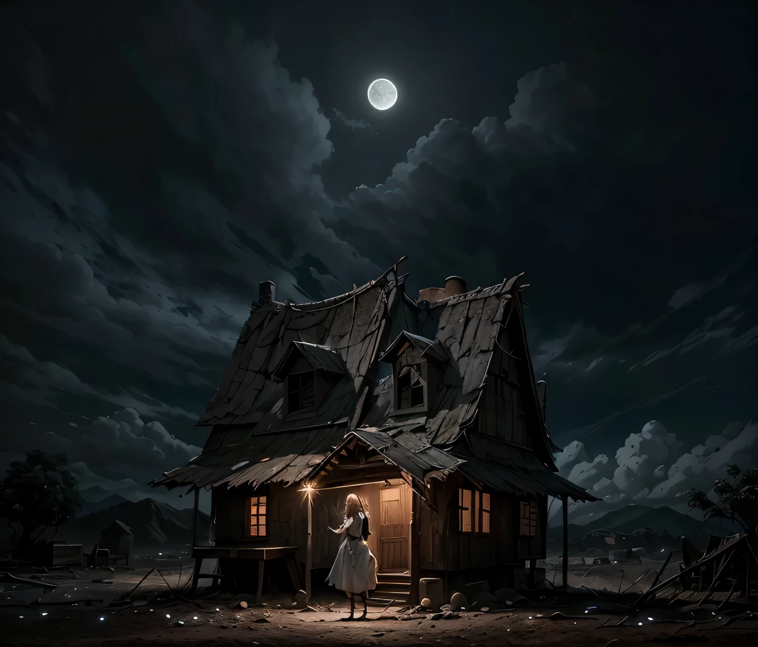 foto realista de uma casa velha e abandonada, crie uma noite fria e escura, estrada de pedra quebrada, cercas antigas, poor lighting, old trees with dry branches, Dried leaves on the ground, mistborn, nuvens pesadas, Small moon in the sky, lighting of old poles and a woman dressed in a white dress and scarf and bleeding eyes, night, dark light, no light, moon, dark sky
