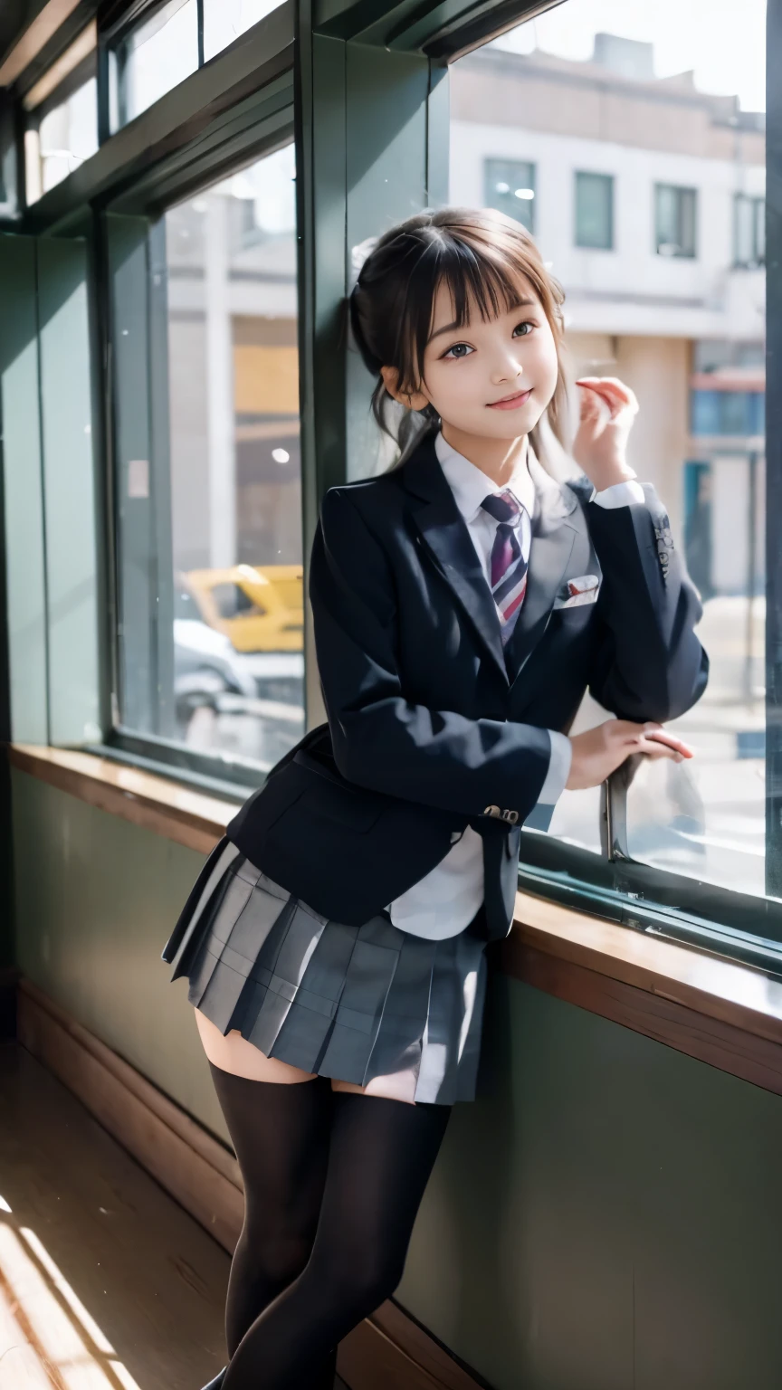 Super fine、8k、muste piece、(RAW photo:1.4)、High resolution、((Composition gradually moving away from the subject))、((Full body photo from face to ankles))、((perfect anatomy))、Standing sideways、The gaze stares into the distance、profile、1 female 、detailed skin、glowing skin、baby face、doid、long eyelashes、Moist eyes、small face、smile、open your mouth、Neat and clean hairstyle、school hallway、stare out the window、Put your hands on the window and stretch out.、turn your body toward the window、Natural light comes in from the windows、Dreaminess、realistic school scenery、middle School girls、Ay school bag slung over my shoulder、、slender and delicate body、small breasts、Blazer uniform with green lines、girls school uniform、plaid skirt、healthy、young female teenager、black tights、black tights、black knee high socks、茶色のloafers革靴、loafers、full body shot、Neat and clean hairstyle、Emphasizes the rather slender leg line