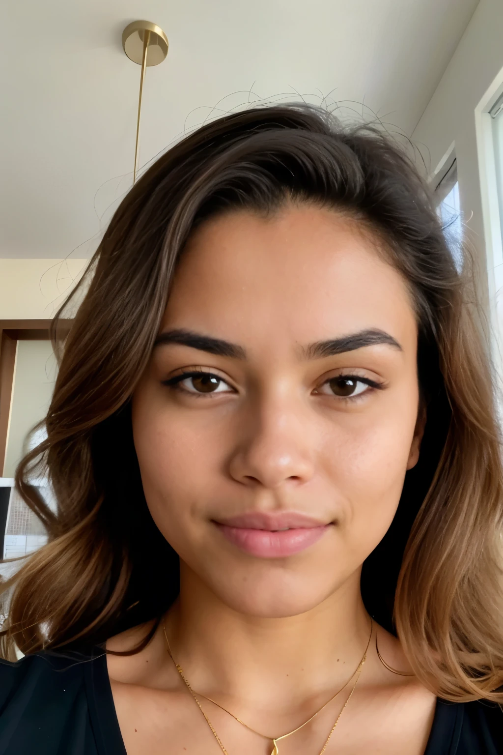 Portrait of the Brazilian woman, 26 years old, taking a selfie at an angle in her office with a room as the background. She is centered in the middle of the image with a neutral expression, showcasing her afro, short and wavy blonde hair in intricate and hyper-detailed texture. No smile is visible on her face, dressed casually in hyper-natural skin tones. The image displays global illumination, emphasizing her very natural features.
Sharp focus and contrast are evident, with extremely sharp details, an extremely sharp face, and extremely face-detailed elements. The photo was expertly taken using the frontal camera of the iPhone 14 Pro Max