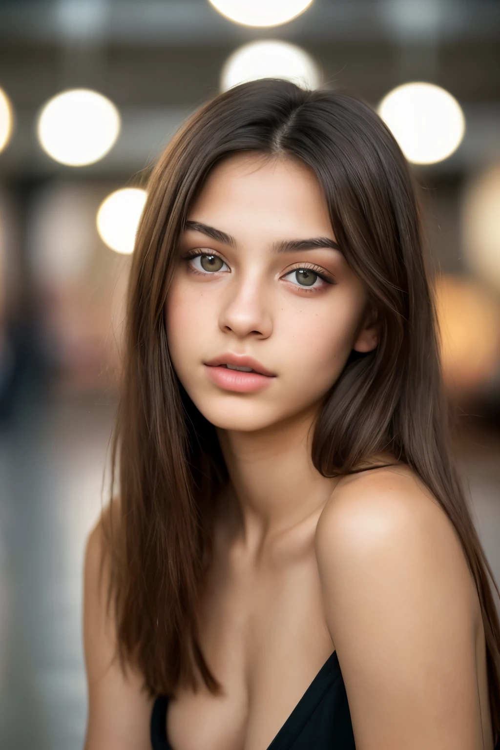 photo of a very beautiful girl, 20 years old, Slavic, light skin, ultra-textured skin, goosebumps, dark hair, hazel eyes looks straight, the whole face is clearly visible color Porta 160, shot on ARRI ALEXA 65, bokeh, sharp focus on the subject, shot by Don McCullin