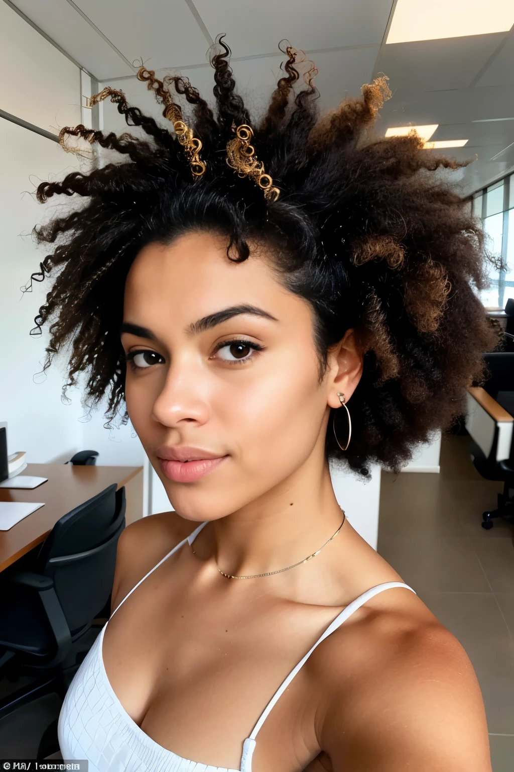 Portrait of the Brazilian woman, 26 years old, taking a selfie at an angle in her office with a room as the background. She is centered in the middle of the image with a neutral expression, showcasing her afro, short and wavy blonde hair in intricate and hyper-detailed texture. No smile is visible on her face, dressed casually in hyper-natural skin tones. The image displays global illumination, emphasizing her very natural features.

Sharp focus and contrast are evident, with extremely sharp details, an extremely sharp face, and extremely face-detailed elements. The photo was expertly taken using the frontal camera of the iPhone 14 Pro Max