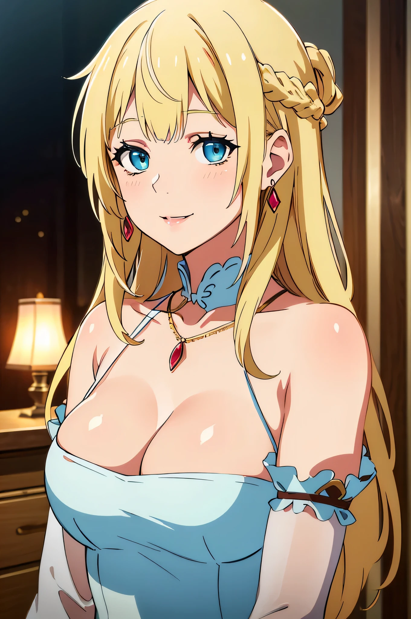 blonde hair,,blue eyes,best quality, masterpiece, highres, 1girl, transparent silk china dress, beautiful face, hair ornament, looking at viewer, smile, closed mouth,lips, dress,hair ornament, necklace, jewelry, long hair, earrings, Beautiful face,upon_body,photorealistic, dark studio, rim lighting, two tone lighting,(high detailed skin:1.2), 8k uhd, dslr, soft lighting, high quality, volumetric lighting, candid, Photograph, high resolution, 4k, 8k, Bokeh