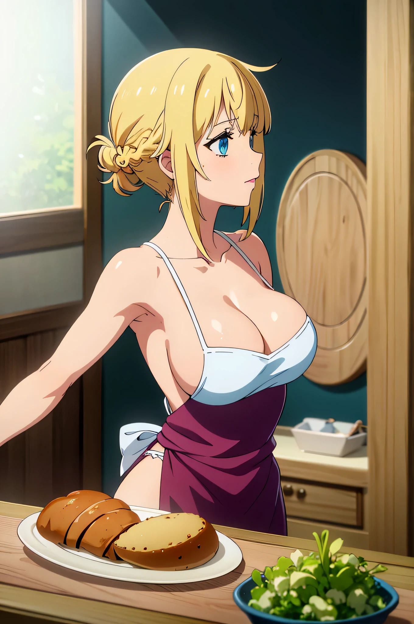 Perfect anatomy, (extremely detailed:1.0), absurdres,// naked apron, 1girl , sexy,breasts_squeezed_together, breasts squeezed together, 0.8v arms, Large breasts, breasts,, collarbone, Slender,// modern kitchen, Pots and pans, Cutting board, Chef's knife, food, , from side, High quality shadow, High quality light rays, Depth Of Field, Medium Full shot, blonde hair,,blue eyes