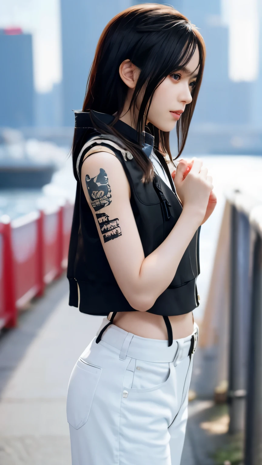 highest quality，masterpiece，Super detailed，8K, UHD，Beautiful woman，japanese woman，Expressionless，(Topless)，whole body，((tattoo))，slim，Black leather pants，black leather vest，(female mafia)，gangster，(cyberpunk city)，night，cinematic lightening，movie poster，underworld