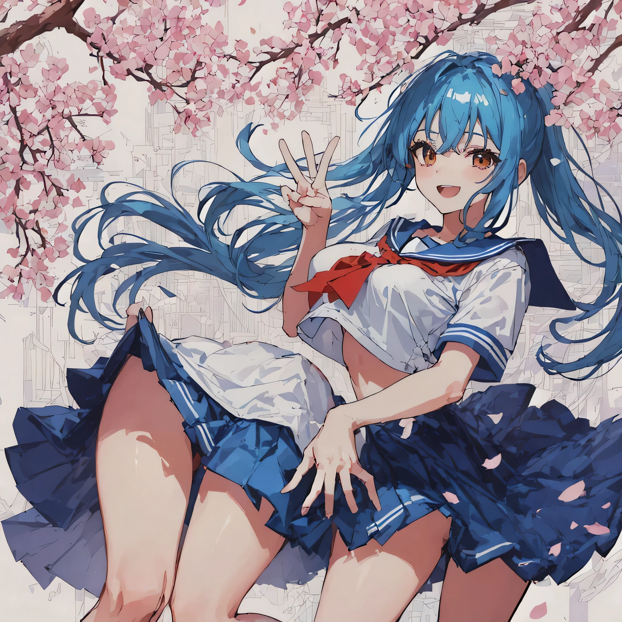 Super detailed,masterpiece, highest quality,shape,sailor suit,slanted eyes,straight hair,blue hair,side part,super dense skin,beautiful and detailed eyes,short sleeve shirt,brown eyes,(medium breasts:1.1), (A raised and well-defined bust:1.1), (lifted chest:1.2), (perky chest :1.1),high School girl,Please sit down,high socks,loafers,smile,School,BREAK catch light eyes,peace sign,Breast augmentation,cherry blossoms,Wind,ponytail,open your mouth,wink,peace sign