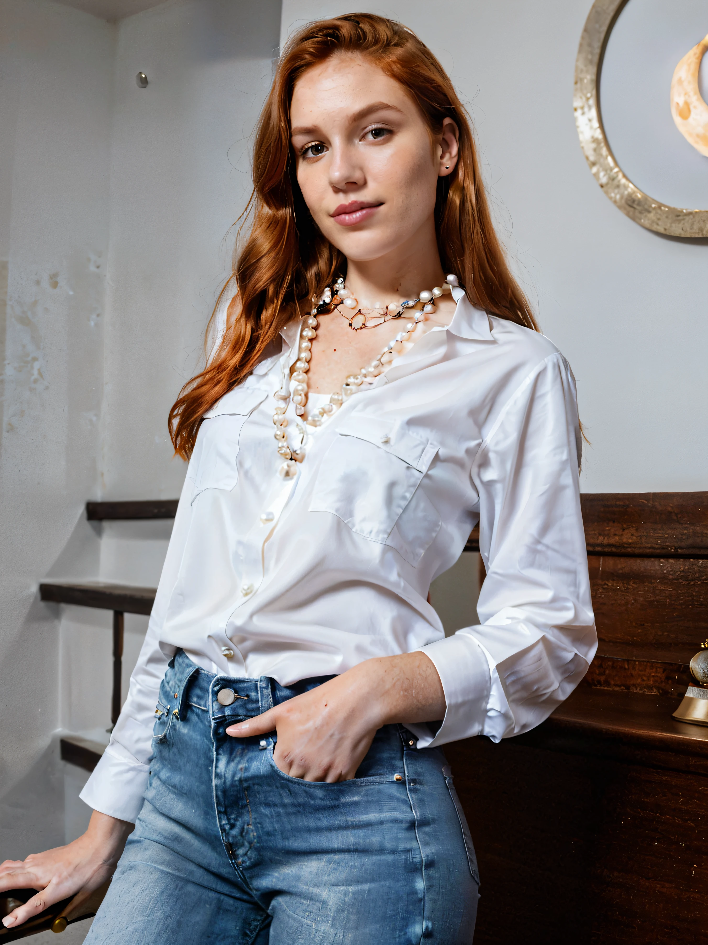 photograph, photo of beautiful woman with ginger hair , selfie, upper body, solo, wearing white wide shirt,Blue wide jeans and a Pearl necklace, (night), home,stars, moon, cheerful,looking at viewer, skin texture, photo grain, close up