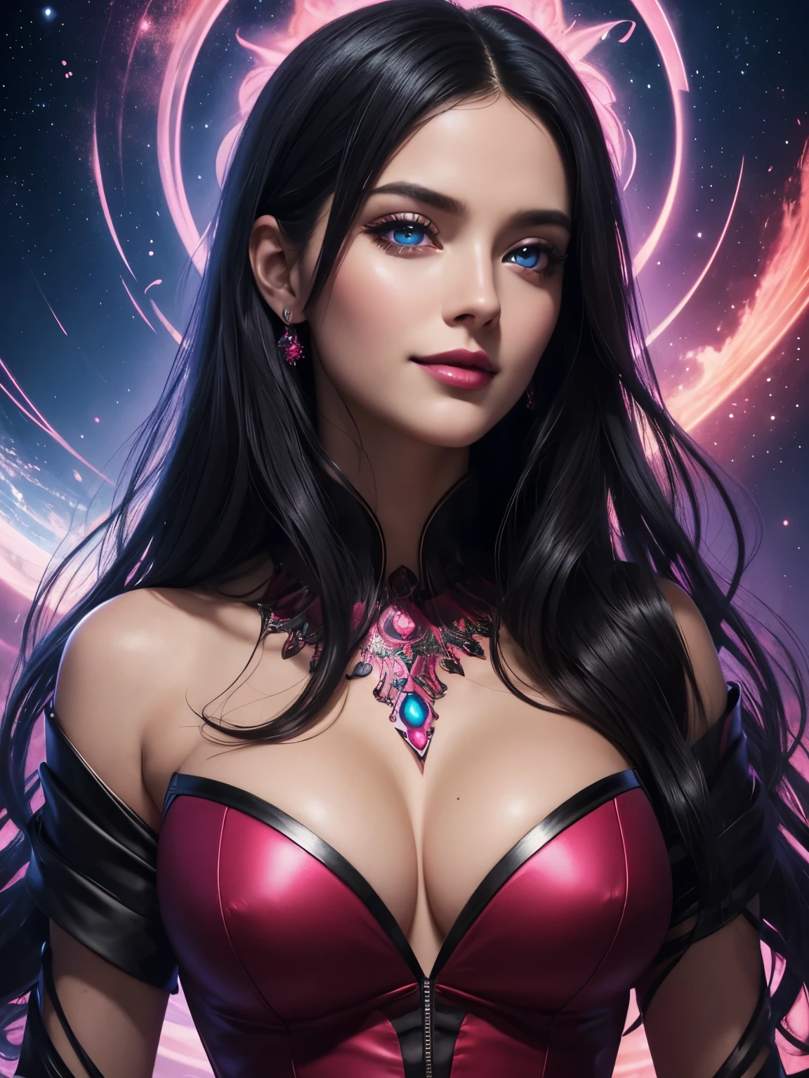Portrait, beautiful woman with black hair and a silky red dress, hourglass figure, symmetrical figure, highly detailed face, beautiful face, calming blue eyes, lush pink lips, smiling, alluring, stunning digital illustration, cosmic fantasy background, beautiful digital artwork, magenta lighting, glossy digital painting, gorgeous digital art, 4k detailed digital art, beautiful digital illustration, 4k highly detailed digital art, beautiful digital art, realistic digital art 4k, realistic digital art 4k, airbrush digital art