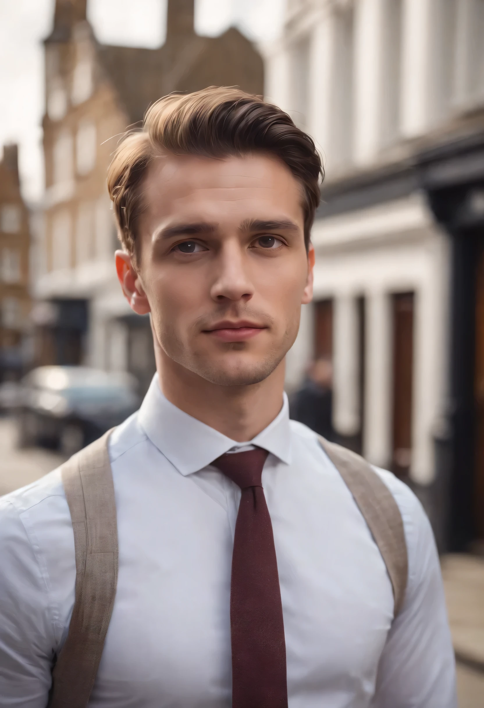Man in shirt, tie, elegant, on the street of London on the background of a pub, portrait photo in selphi style, full face