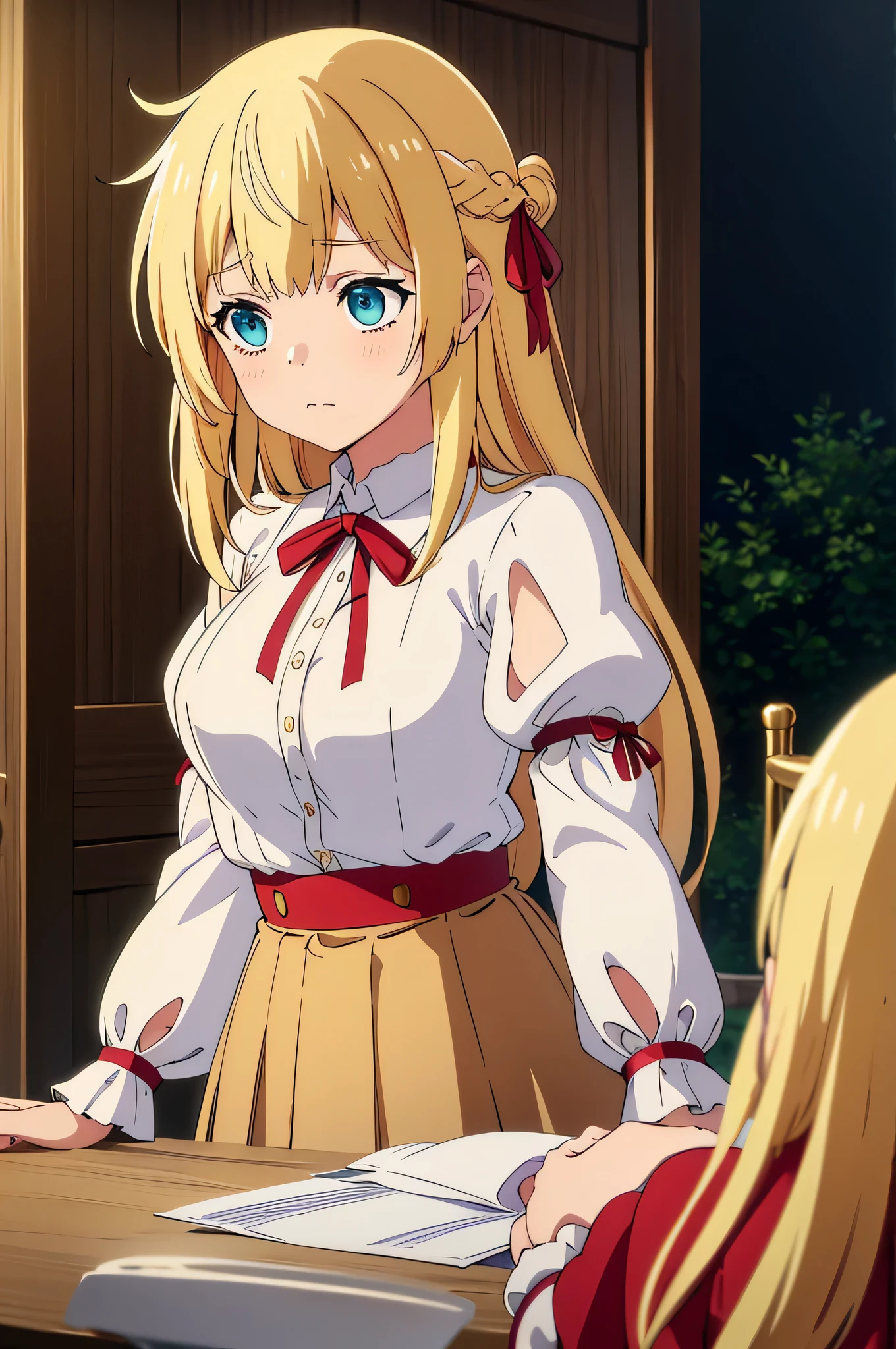 blonde hair,,blue eyes
Waiting to start 
,shirt, long sleeves, ribbon, closed mouth, , white shirt, pleated skirt, frills, puffy sleeves, brown skirt, black thighhighs, red ribbon, neck ribbon