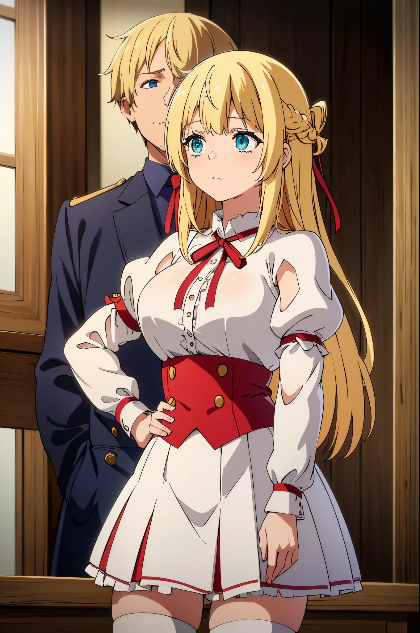 blonde hair,,blue eyes
Waiting to start 
,shirt, long sleeves, ribbon, closed mouth, , white shirt, pleated skirt, frills, puffy sleeves, brown skirt, black thighhighs, red ribbon, neck ribbon