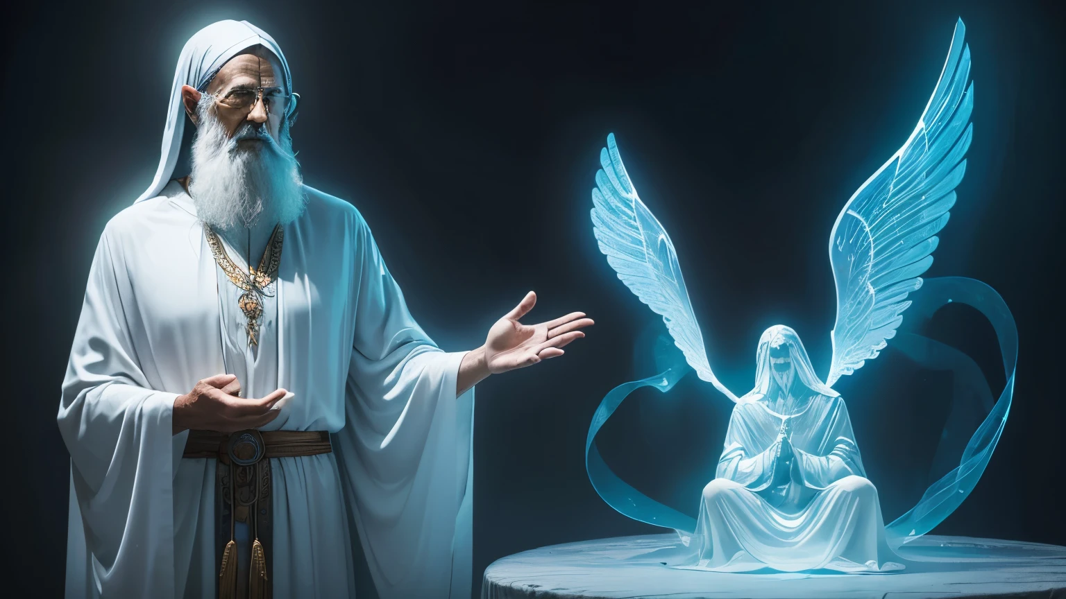a transparent spiritual mentor next to a person. The mentor approaches, his transparent figure emitting faint whispers of encouragement and wisdom. Despite his ethereal appearance, the mentor's support is unwavering, providing comfort and guidance in facing life's challenges.