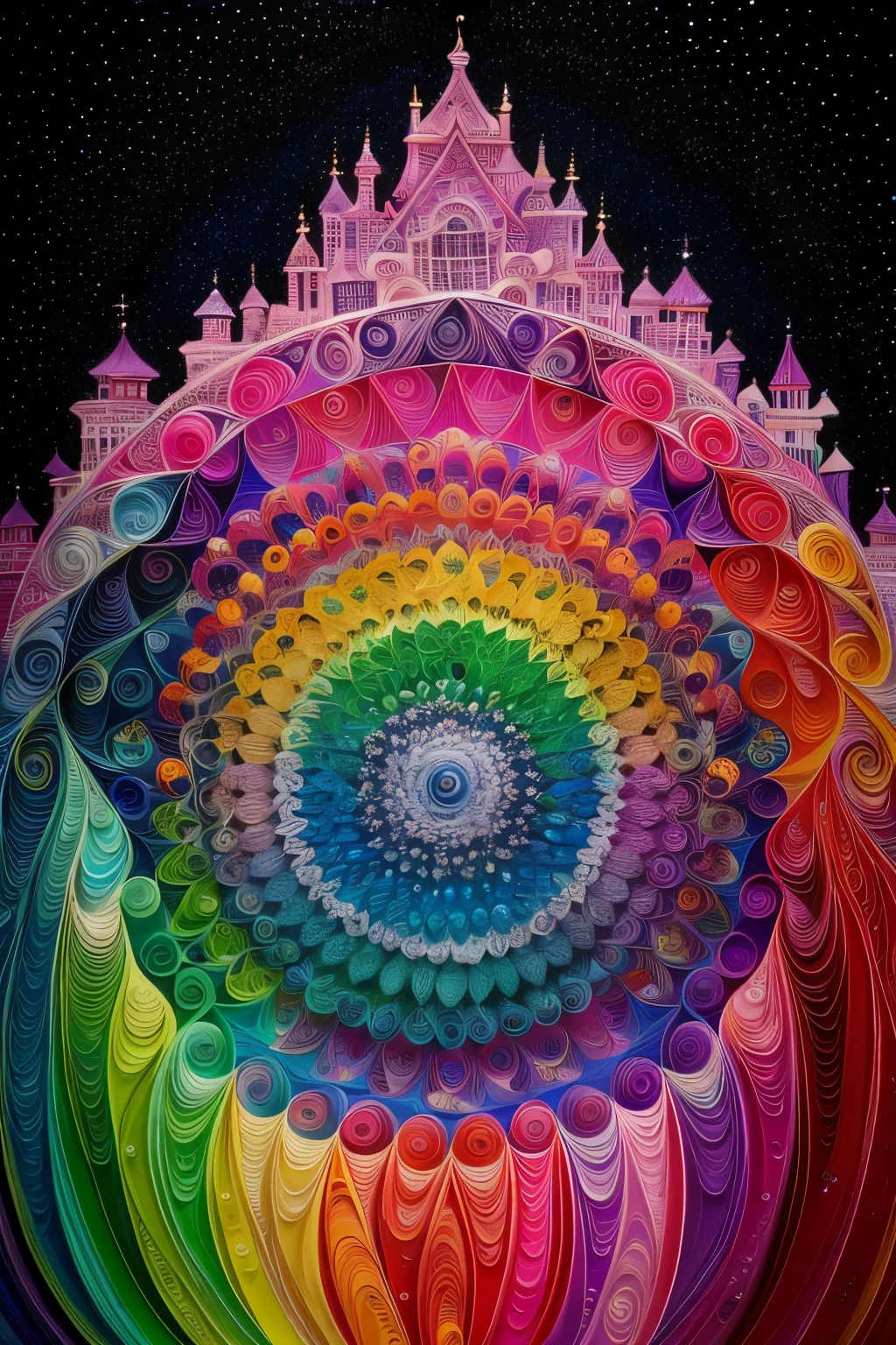 A vibrant and whimsical Bubbleworld in a mesmerizing colorverse, filled with enchanting hues and captivating gradients, creating a visually stunning and immersive experience. The intricate details of the bubble architecture and fantastical landscapes are meticulously crafted, showcasing the artist's mastery in creating a multi-dimensional quilling paper art. The chibi characters within this whimsical realm exude charm and playfulness, their adorable expressions and dynamic poses adding an element of liveliness to the scene. Each quilled piece is a true masterpiece, displaying top quality craftsmanship and an official art style that is both beautiful and aesthetic. The clean and unique design of this artwork further accentuates its appeal, drawing the viewer into a world where imagination knows no bounds. Amidst this kaleidoscope