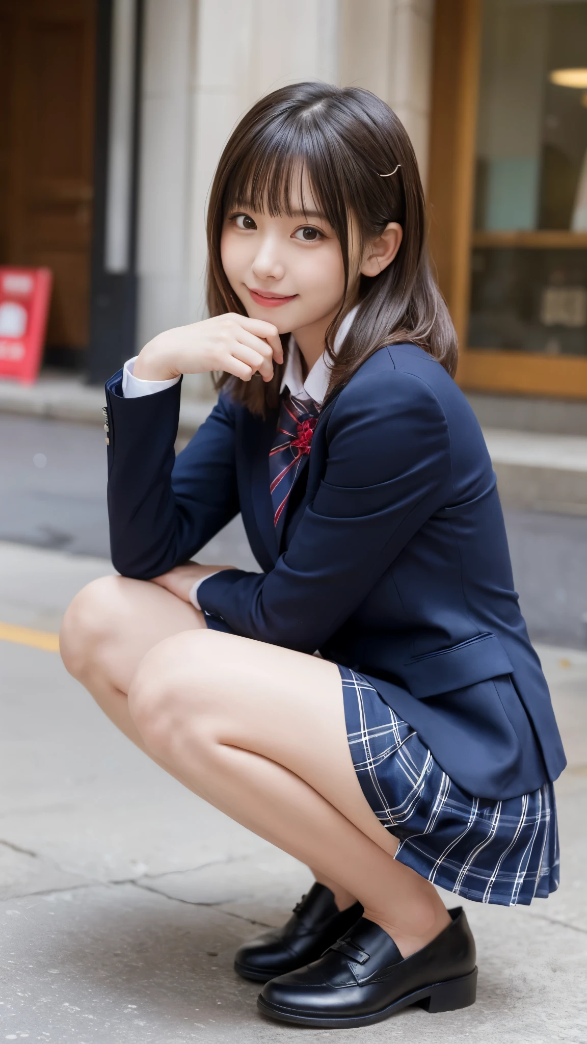 歩道でsquatting downpretty girl,red tie uniform,dark blue closed blazer,blue plaid mini skirt,18-year-old,bangs,a little smile,thighs,knees,from below，random pose，pretty girl，slender girl，squatting down，