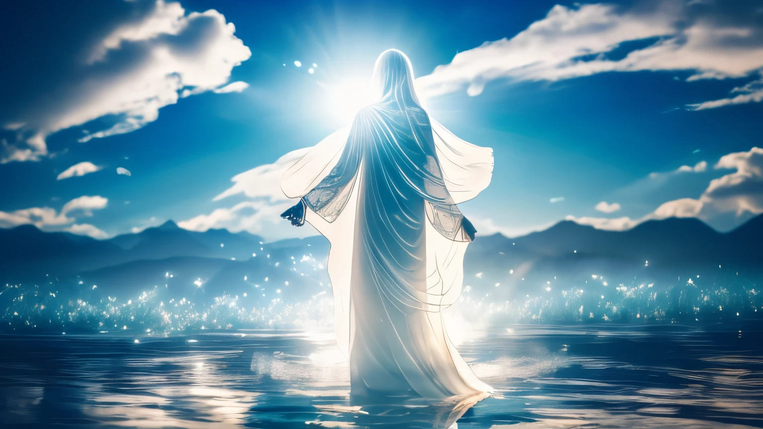 a transparent spirit hovers protectively around a person, its serene presence enveloping the individual like a shield. The spirit's transparent form glows faintly, radiating a calming energy that soothes the soul. As a spiritual mentor, he offers comfort and tranquility, helping people find inner peace in the midst of turbulence.