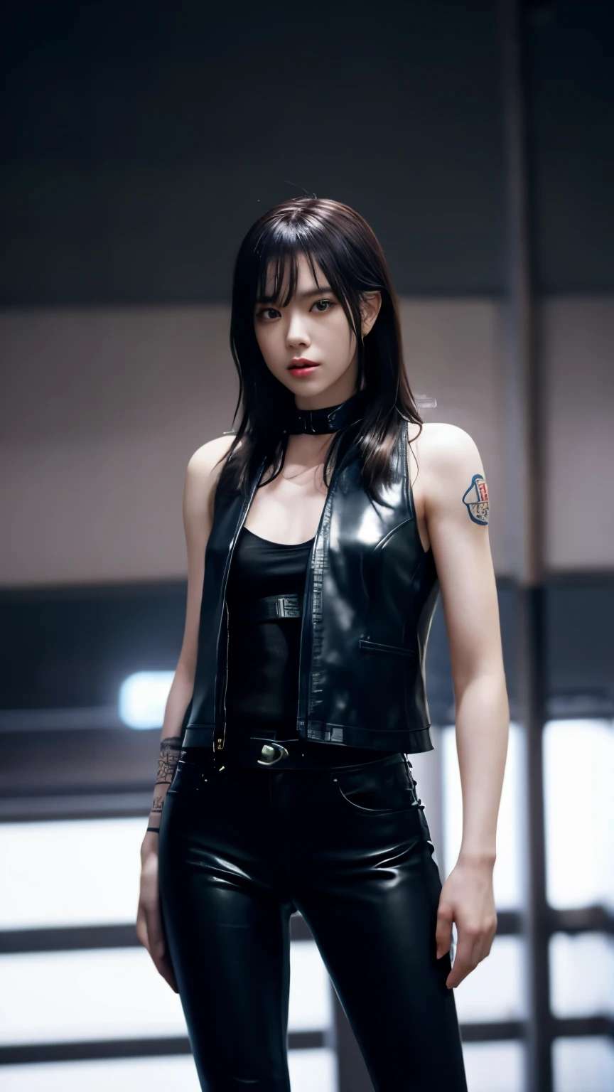 highest quality，masterpiece，Super detailed，8K, UHD，Beautiful woman，japanese woman，Expressionless，(Topless)，whole body，((tattoo))，slim，Black leather pants，black leather vest，(female mafia)，gangster，(cyberpunk city)，night，cinematic lightening，movie poster，underworld