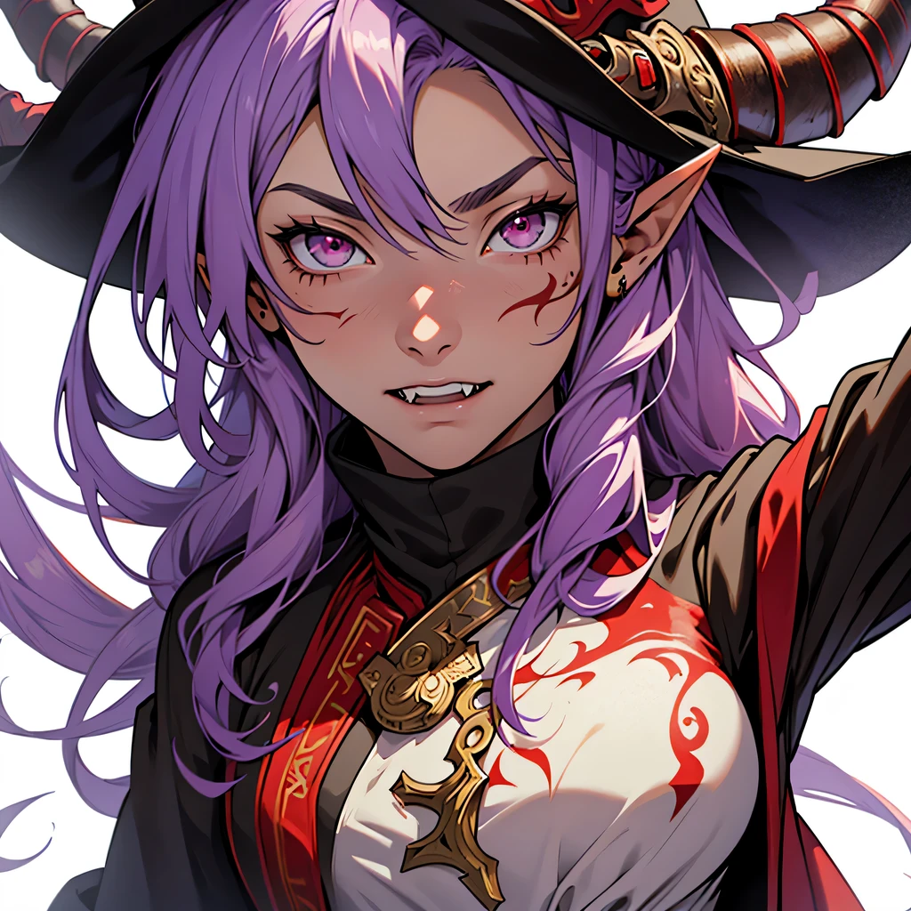 anime, masterpiece, best quality, by professional artist, male, 1girl, solo, portrait, detailed composition, detailed eyes, plain white background, purple hair, brown eyes, red witch hat, black and red mage robe, horns, fangs, black tattoos, elf ears