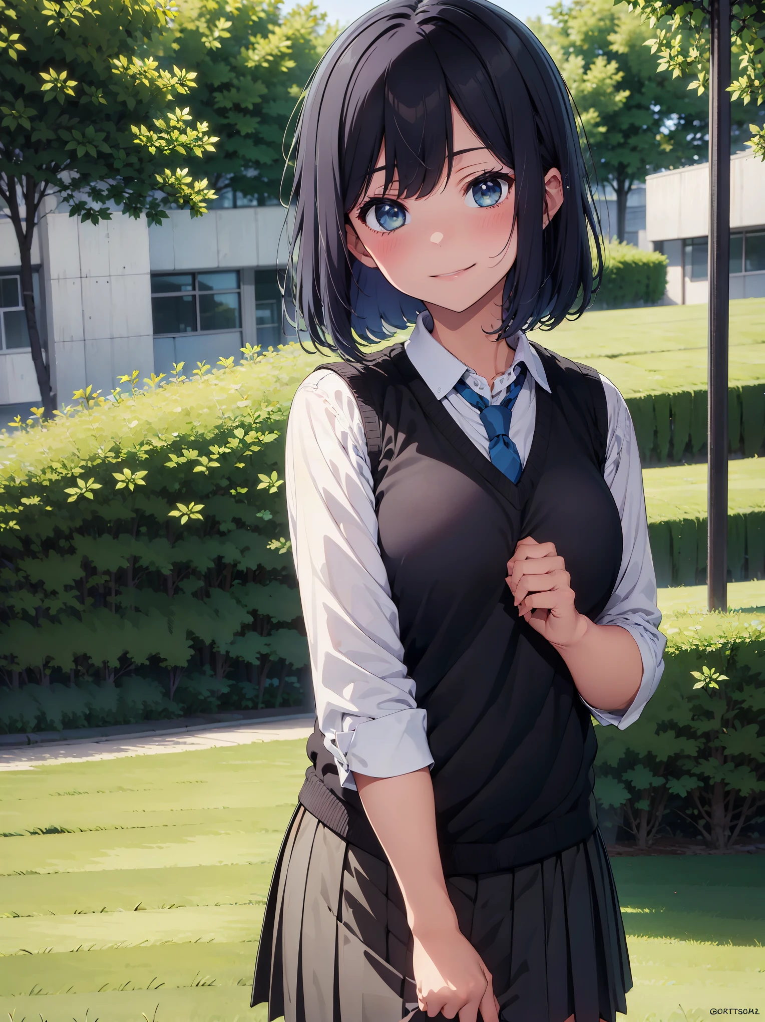 (masterpiece, highest quality:1.2), 1 girl, alone, Akane Kurokawa, 1 girl, dark blue hair, medium hair, one length bob, Added bangs to add brightness to the face, Hair ends remain thick overall. , blue eyes, green eyes, school uniform, white shirt, collared shirt, vest, white shirt, sweater vest, black vest, blue tie, gray pleated skirt, smile, In a field of colorful flowers