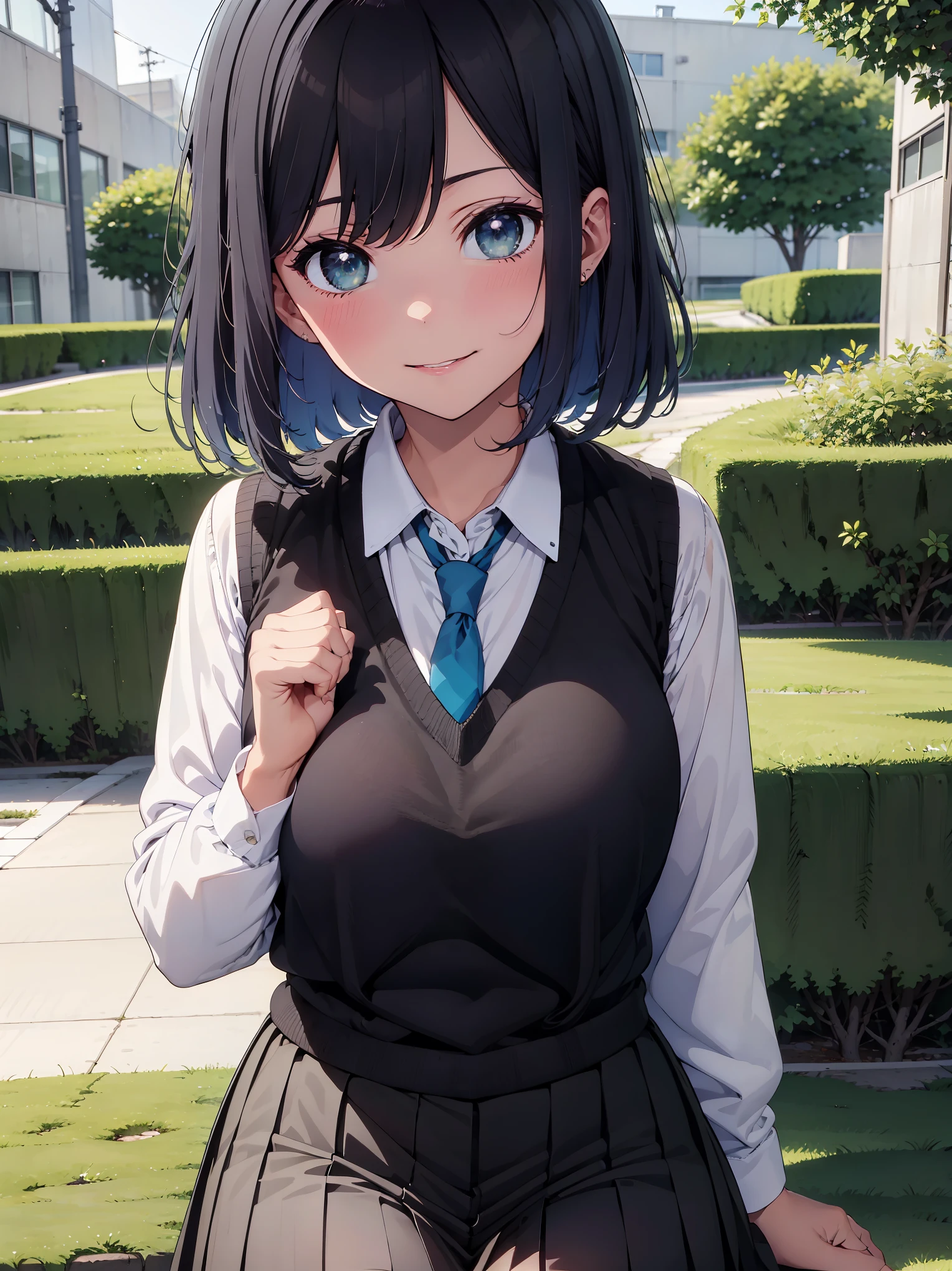 (masterpiece, highest quality:1.2), 1 girl, alone, Akane Kurokawa, 1 girl, dark blue hair, medium hair, one length bob, Added bangs to add brightness to the face, Hair ends remain thick overall. , blue eyes, green eyes, school uniform, white shirt, collared shirt, vest, white shirt, sweater vest, black vest, blue tie, gray pleated skirt, smile, In a field of colorful flowers