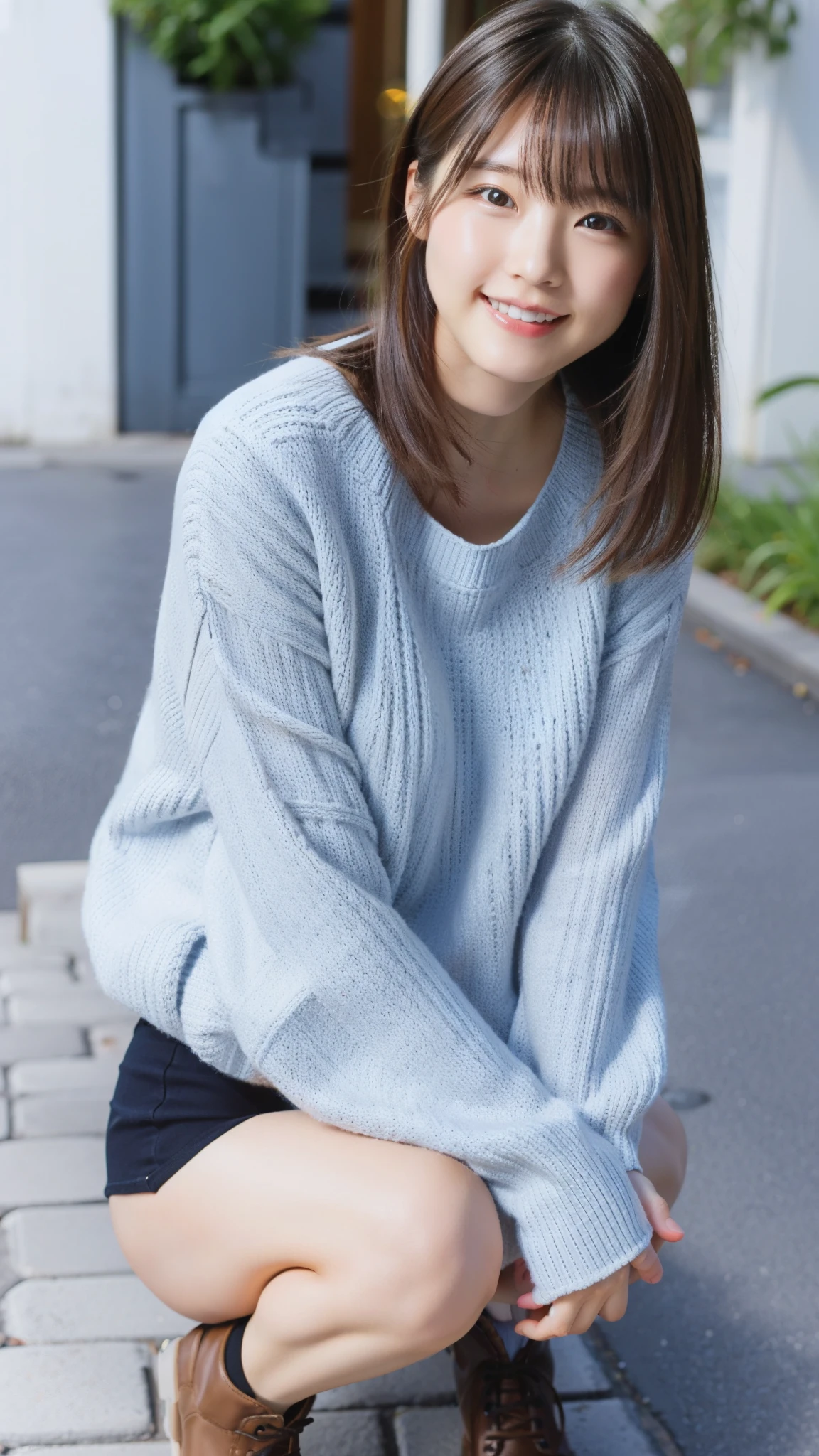 Photo taken by a professional photographer,laughter:1.5,Close-up of a 30-year-old Japanese woman squatting on the sidewalk, wearing a sweater, Short-cut brown hair, hair is disheveled,young and cute girl, wear a miniskirt:1.5,Wear stylish boots,Fancy makeup with red eyeshadow,Beautiful thighs are visible,Squatting with crotch open facing the front:1.5,I can see black panties:1.5,