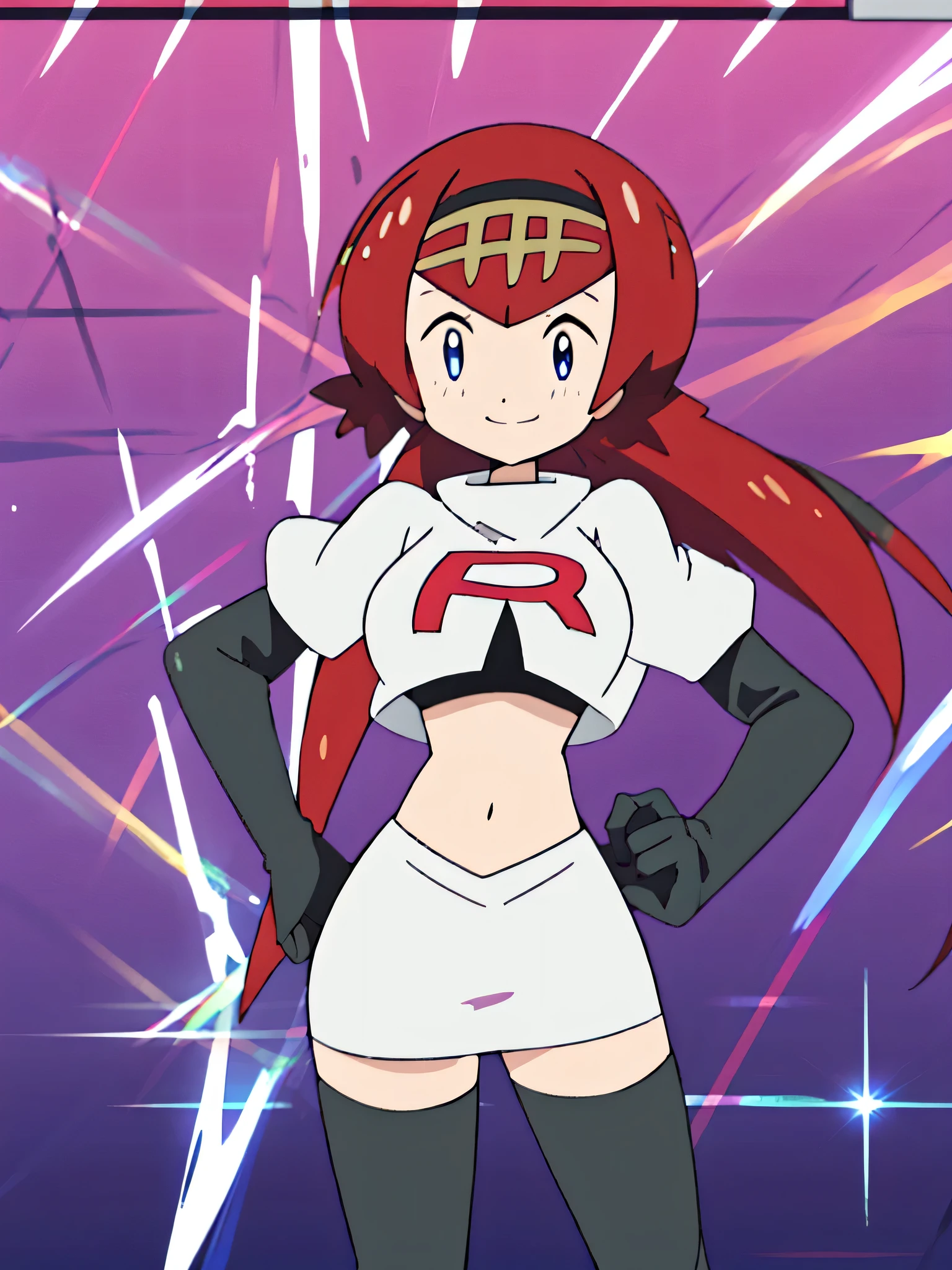 8k, anime screencap,1girl in, (solo:1.1), (perfect body:1.1), (best quality:1.1), very large breast, team rocket uniform, red letter r, white skirt,white crop top,black thigh-high boots, black elbow gloves, evil smile, looking down at viewer, hands on hips,zettai ryouiki, cowboy shot, Lana