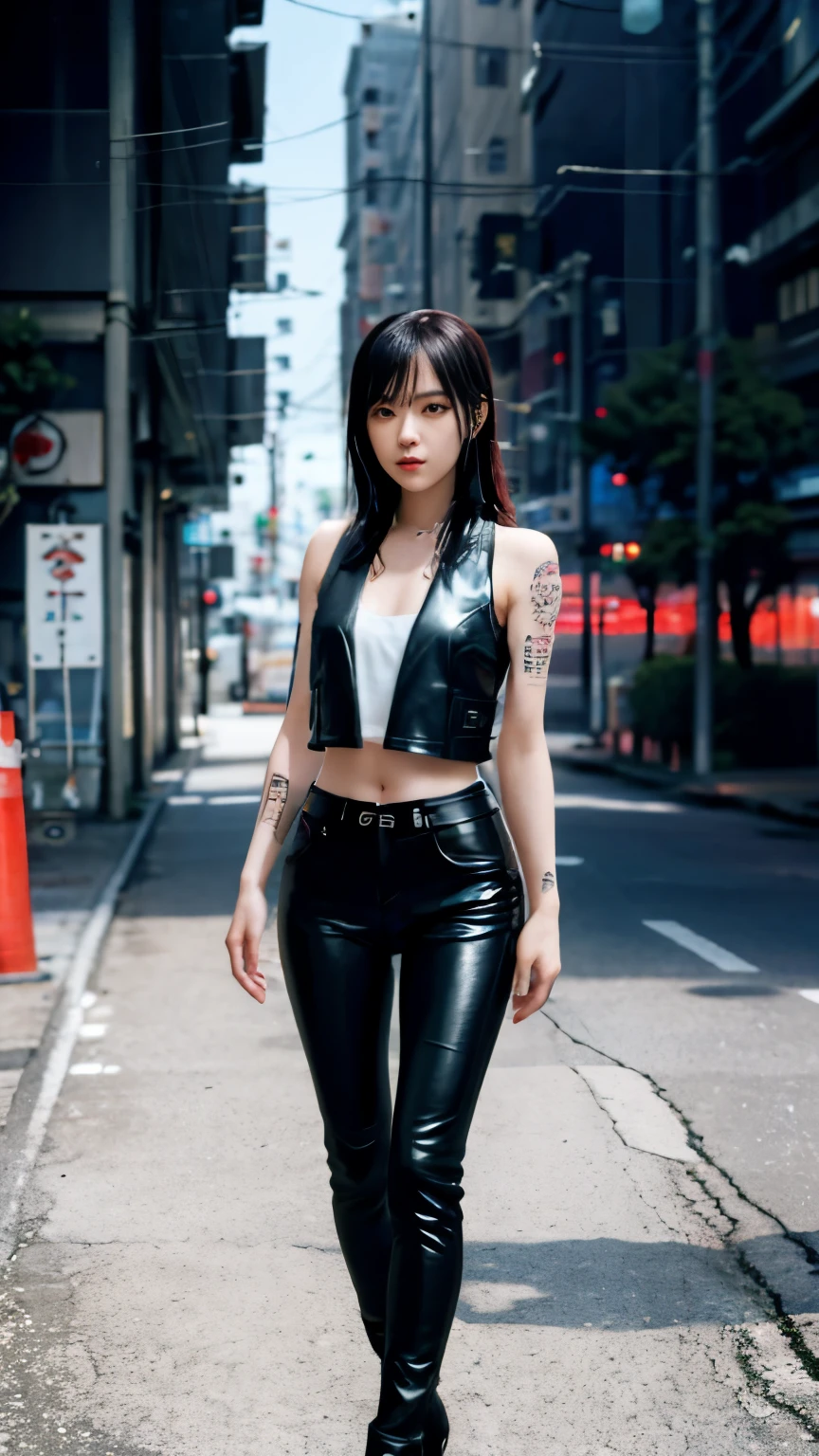 highest quality，masterpiece，Super detailed，8K, UHD，Beautiful woman，japanese woman，Expressionless，(Topless)，whole body，((tattoo))，slim，Black leather pants，black leather vest，(female mafia)，gangster，(cyberpunk city)，night，cinematic lightening，movie poster，underworld