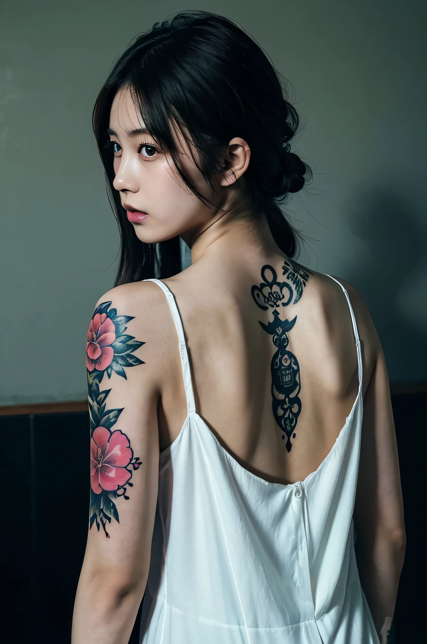 Japanese 20 years old , baby face , cute , japanese mafia , Yakuza , No sleeve , slip dress , Yakuza Tattooed , back tattoo , full body tattoo