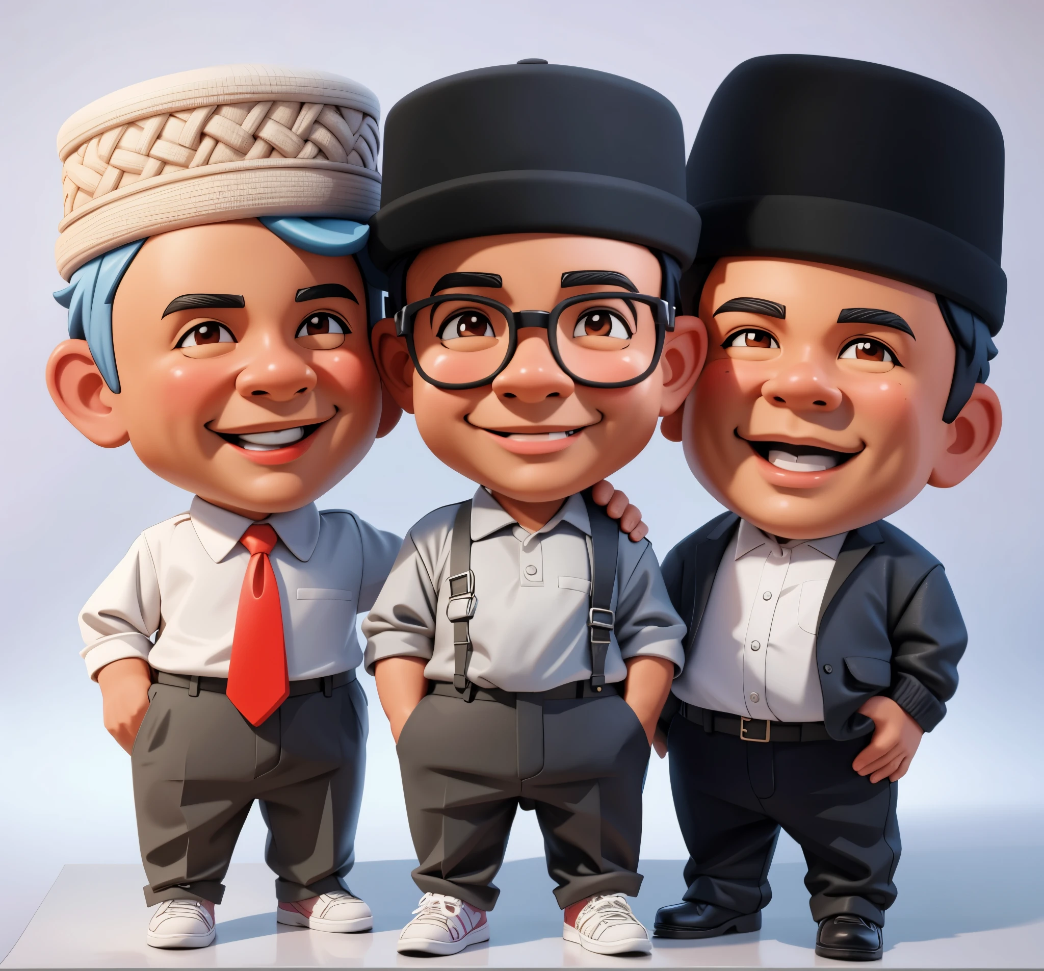 three cartoon men are standing next to each other with hats on, caricature illustration, chibi, 3 d cartoon, official illustration, caricature, caricature style, 3 heads, cartoon image, charactor, in cartoon style, the three moiras, 3d characters, portrait shot, charicature, official fanart, fanart, jokowi, digital art cartoon, president