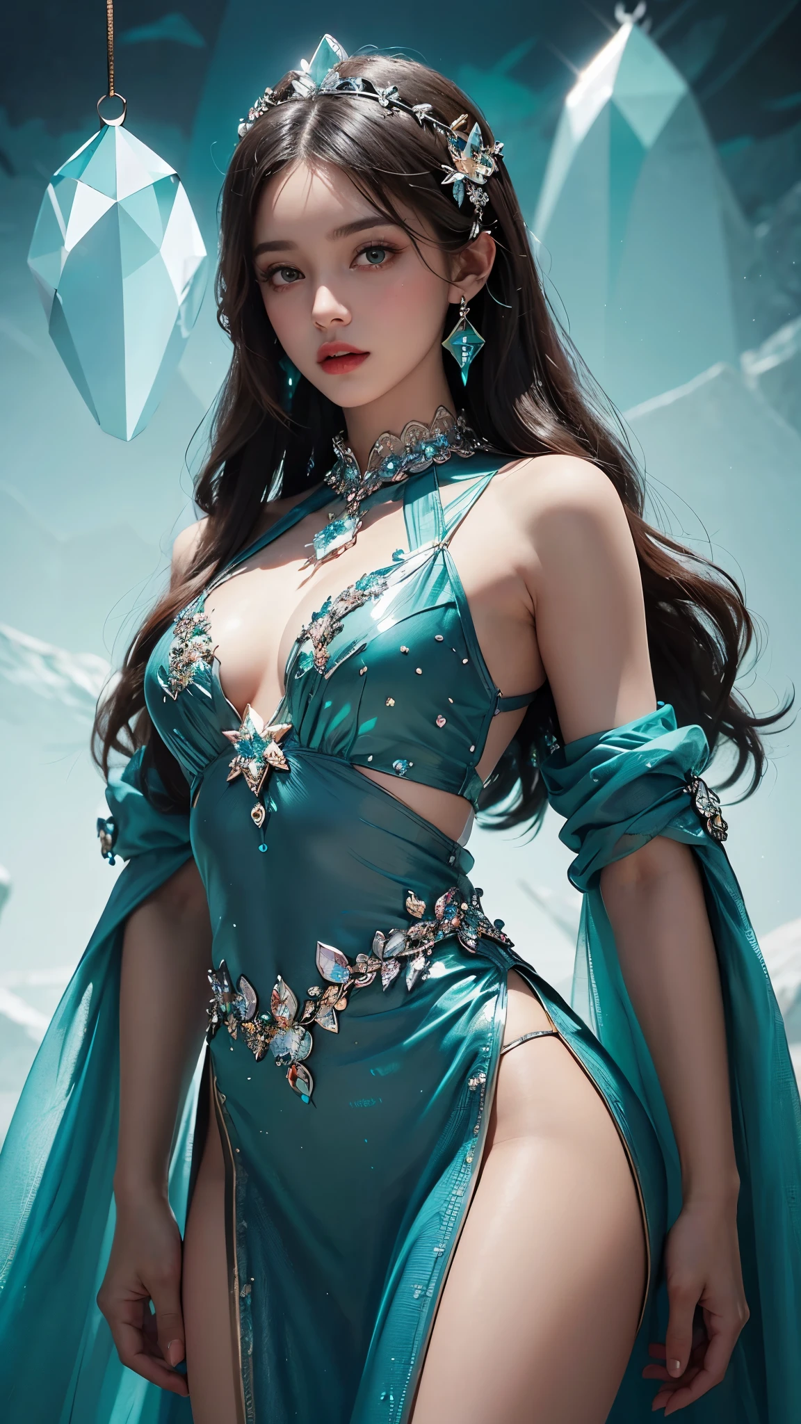 1 girl, good face, ultra long hair, detailed eyes, detailed lips, small breasts, (crystal outfit:1.5), translucent lace, (crystal ornament:1.5), (teal crystal outfit :1.5), Take photos by the crystal, ultra-realistic realism, color field printing, high details, hyper HD, cinematic lighting, 4k quality,