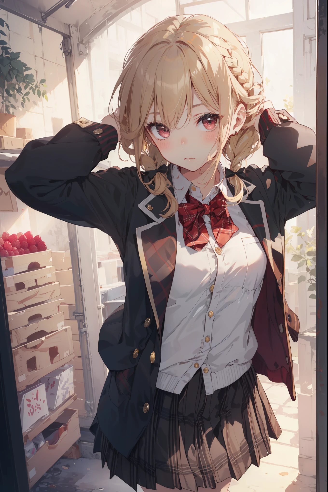 ((Masterpiece, Top Quality, High Resolution, UHD, Perfect Pixel, Depth of Field, 8k, RTX, HDR)), 1 Girl, Single, Solo, Beautiful Anime Girl, Beautiful Art Style, Rustic Anime Character, ((One Legs Bob, Medium Hair, Bangs, Blonde Hair Braids: 0 .5))), ((Deep Red Deep Red Color Eyes: 1.4, Round Eyes, Beautiful Eyelashes, Realistic Eyes)), ((Detailed Face, Blush: 1.2)), ((Smooth Texture: 0.75, Realistic Texture: 0.65, Photo Realistic: 1.1, Anime CG Style)), Dynamic Angle, Perfect Body, (( Portrait, framed)), ((green and yellow starched bow tie, uniform, black jacket, open jacket, deep red cardigan, white shirt, black skirt, plaid skirt)), mocking, mocking, small, small raspberry, cute, very cute raspberry, Really ridiculously cute and adorable little raspberry.