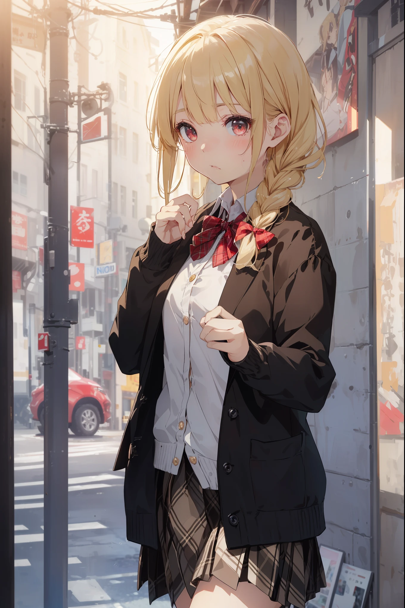 ((Masterpiece, Top Quality, High Resolution, UHD, Perfect Pixel, Depth of Field, 8k, RTX, HDR)), 1 Girl, Single, Solo, Beautiful Anime Girl, Beautiful Art Style, Rustic Anime Character, ((One Legs Bob, Medium Hair, Bangs, Blonde Hair Braids: 0 .5))), ((Deep Red Deep Red Color Eyes: 1.4, Round Eyes, Beautiful Eyelashes, Realistic Eyes)), ((Detailed Face, Blush: 1.2)), ((Smooth Texture: 0.75, Realistic Texture: 0.65, Photo Realistic: 1.1, Anime CG Style)), Dynamic Angle, Perfect Body, (( Portrait, framed)), ((green and yellow starched bow tie, uniform, black jacket, open jacket, deep red cardigan, white shirt, black skirt, plaid skirt)), mocking, mocking, small, small raspberry, cute, very cute raspberry, Really ridiculously cute and adorable little raspberry.
