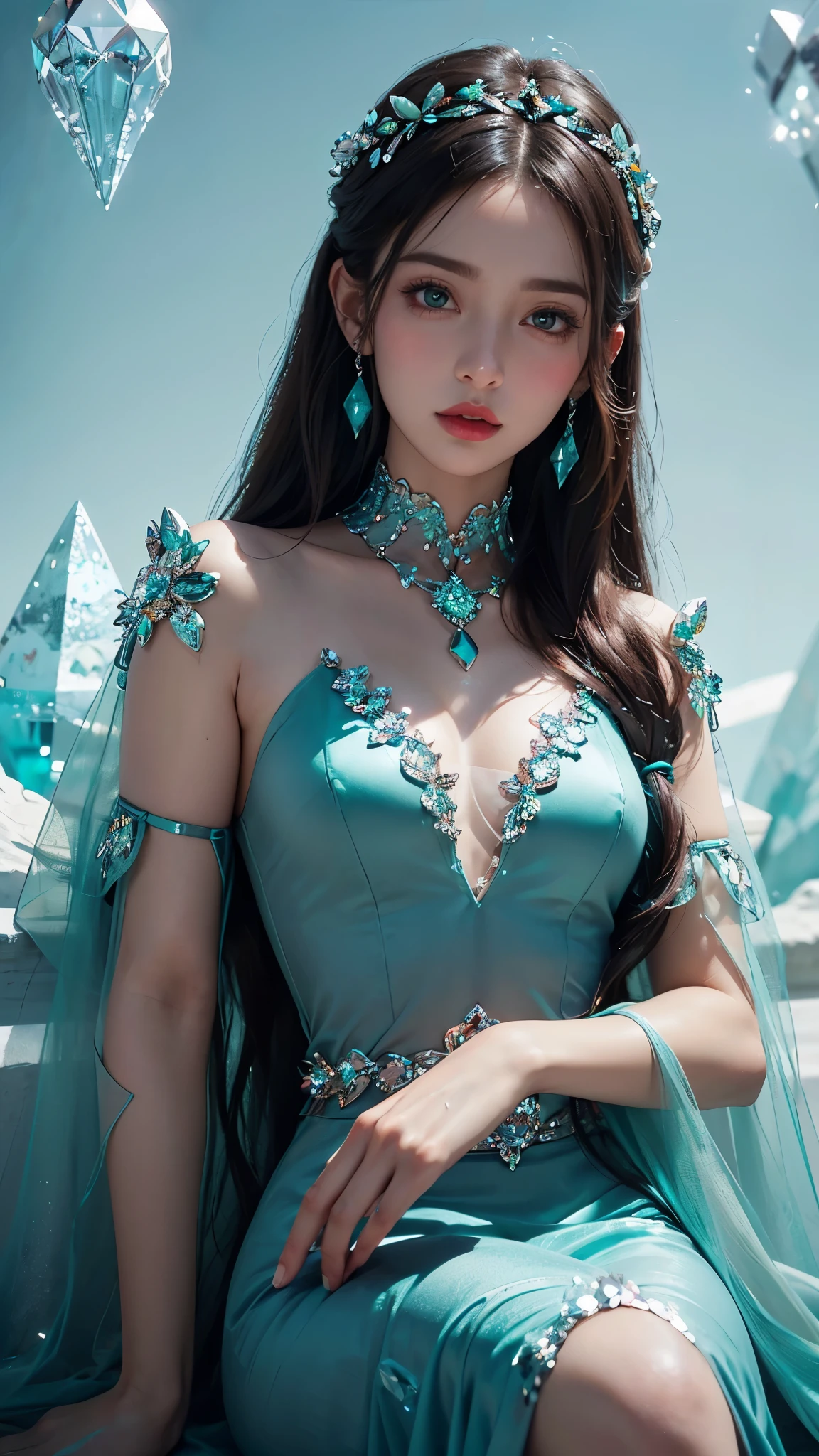 1 girl, good face, ultra long hair, detailed eyes, detailed lips, small breasts, (crystal outfit:1.5), translucent lace, (crystal ornament:1.5), (teal crystal outfit :1.5), Take photos by the crystal, ultra-realistic realism, color field printing, high details, hyper HD, cinematic lighting, 4k quality, sitting,