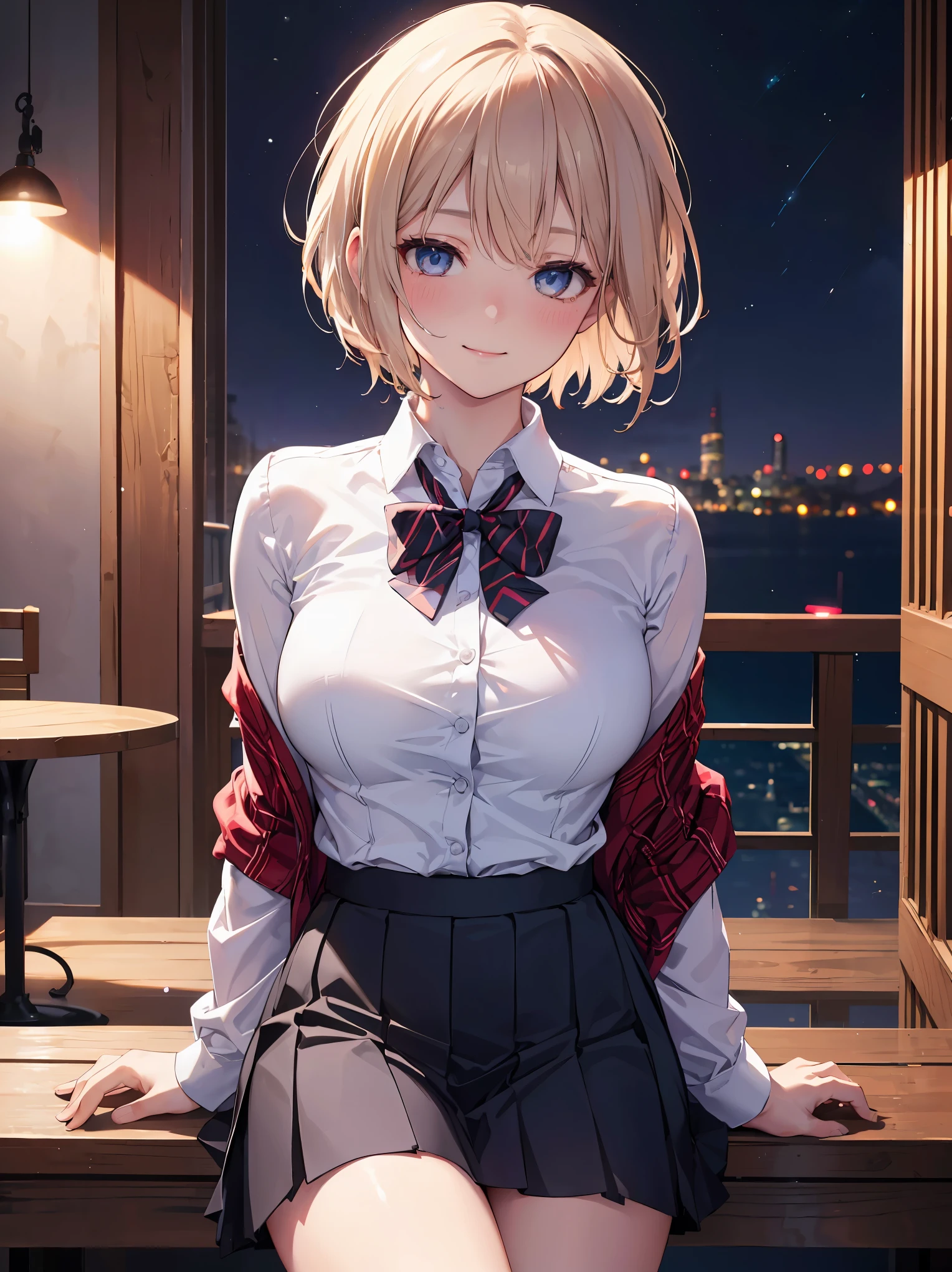 (8k, RAW photo, best quality, masterpiece:1.2), (realistic, photo-realistic:1.37), ultra-detailed,
1 girl,cute, solo,beautiful detailed sky,detailed cafe,night,sitting,dating,(nose blush),(smile:1.1),(closed mouth),large breasts, seductive smile, large aparture, professional lighting, Sony A7R4, Zessie 50mm F1.8,
medium breasts,beautiful detailed eyes,(collared shirt:1.1), bowtie,pleated skirt,(short hair:1.2),floating hair