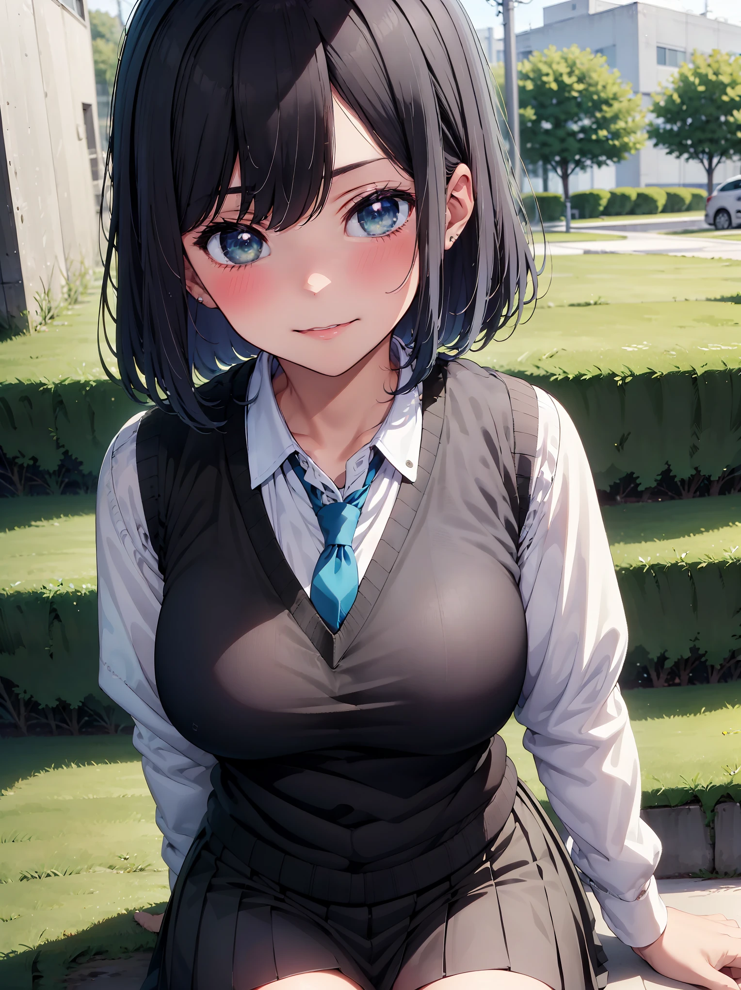 (masterpiece, highest quality:1.2), 1 girl, alone, Akane Kurokawa, 1 girl, dark blue hair, medium hair, one length bob, Added bangs to add brightness to the face, Hair ends remain thick overall. , blue eyes, green eyes, school uniform, white shirt, collared shirt, vest, white shirt, sweater vest, black vest, blue tie, gray pleated skirt, smile, In a field of colorful flowers