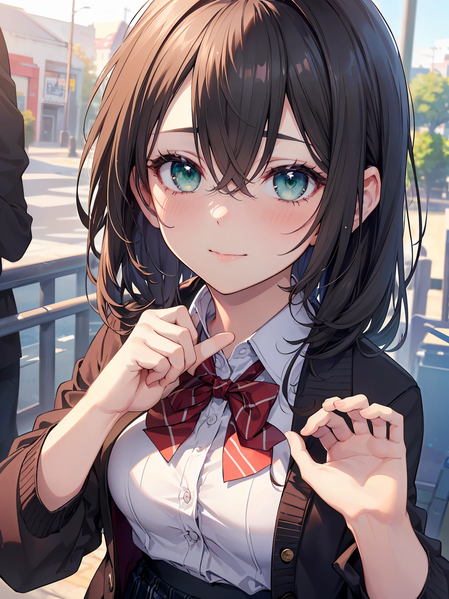 ((masterpiece, best quality, highres, UHD, perfect pixel, depth of field, 4k, RTX, HDR))), 1girl, single, solo, beautiful anime girl, beautiful artstyle, anime character, ((long hair, bangs, brown hair, curly hair:0.5)), ((green eyes:1.4, rounded eyes, beautiful eyelashes, realistic eyes)), ((detailed face, blushing:1.2)), ((smooth texture:0.75, realistic texture:0.65, photorealistic:1.1, anime CG style)), medium breasts, dynamic angle, perfect body, ((portrait, pov)), ((red bowtie, school uniform, black jacket, open jacket, brown cardigan, white shirt, black skirt, plaid skirt)), smile, hands up, amusement park