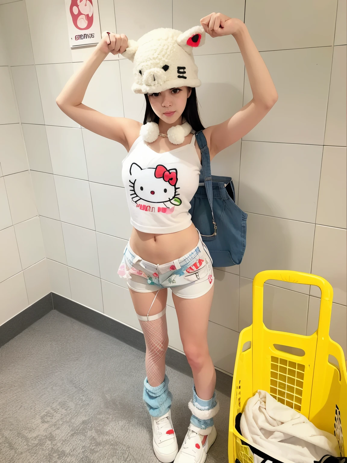there is a woman in a hello kitty outfit posing for a picture, attractive cat girl, very beautiful cute catgirl, trending at cgstation, anime girl in real life, beautiful young catgirl, hot teen girl, young skinny gravure idol, hello kitty, photo of slim girl model, white cat girl, anime girl cosplay, korean girl