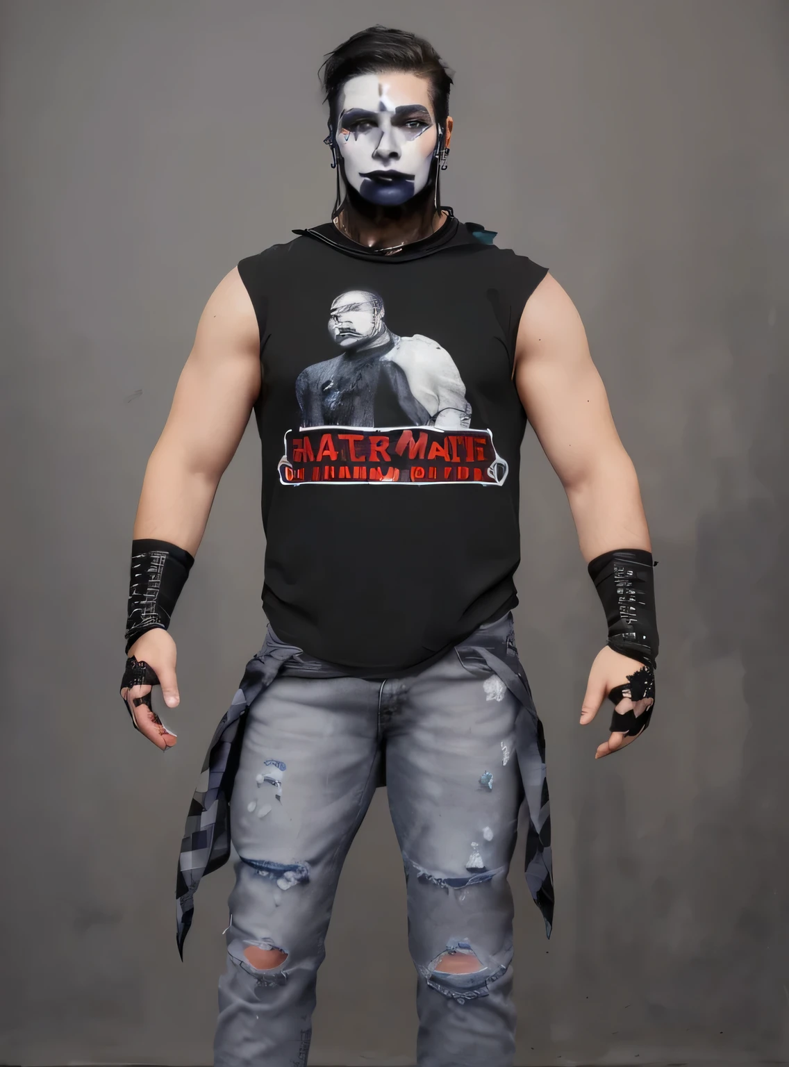 ((masterpiexe, best quality)), Black hair caucasian man, black and white face paint with black paint on neck, inripped blue jeans, sleeveless shirt with logo, black hand and wrist tape, blue and grey flannel shirt, black cord necklace, small loop earring in ears, photo realistic, intricate details
