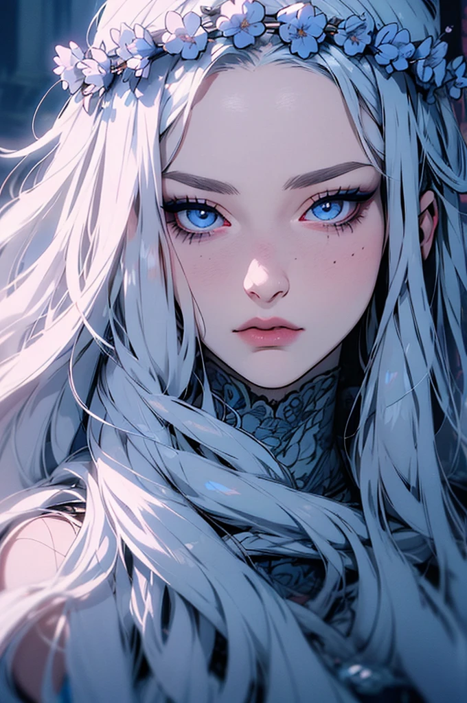 hyper-realistic portrait of a mysterious woman with flowing silver hair, piercing blue eyes, and a delicate floral crown,