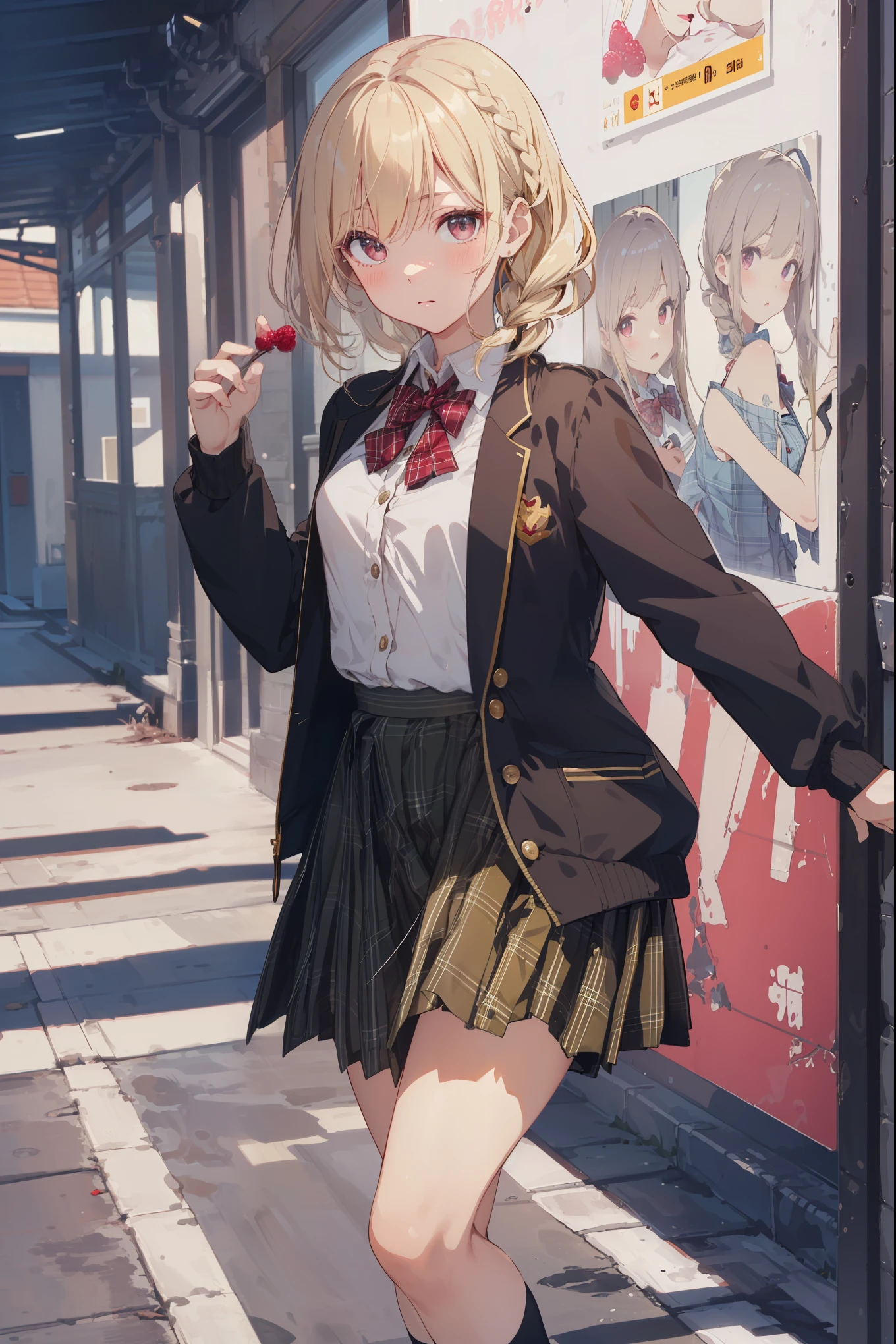 ((Masterpiece, Top Quality, High Resolution, UHD, Perfect Pixel, Depth of Field, 8k, RTX, HDR)), 1 Girl, Single, Solo, Beautiful Anime Girl, Beautiful Art Style, Rustic Anime Character, ((One Legs Bob, Medium Hair, Bangs, Blonde Hair Braids: 0 .5))), ((Deep Red Deep Red Color Eyes: 1.4, Round Eyes, Beautiful Eyelashes, Realistic Eyes)), ((Detailed Face, Blush: 1.2)), ((Smooth Texture: 0.75, Realistic Texture: 0.65, Photo Realistic: 1.1, Anime CG Style)), Dynamic Angle, Perfect Body, (( Portrait, framed)), ((green and yellow starched bow tie, uniform, black jacket, open jacket, deep red cardigan, white shirt, black skirt, plaid skirt)), mocking, mocking, small, small raspberry, cute, very cute raspberry, Really ridiculously cute and adorable little raspberry.