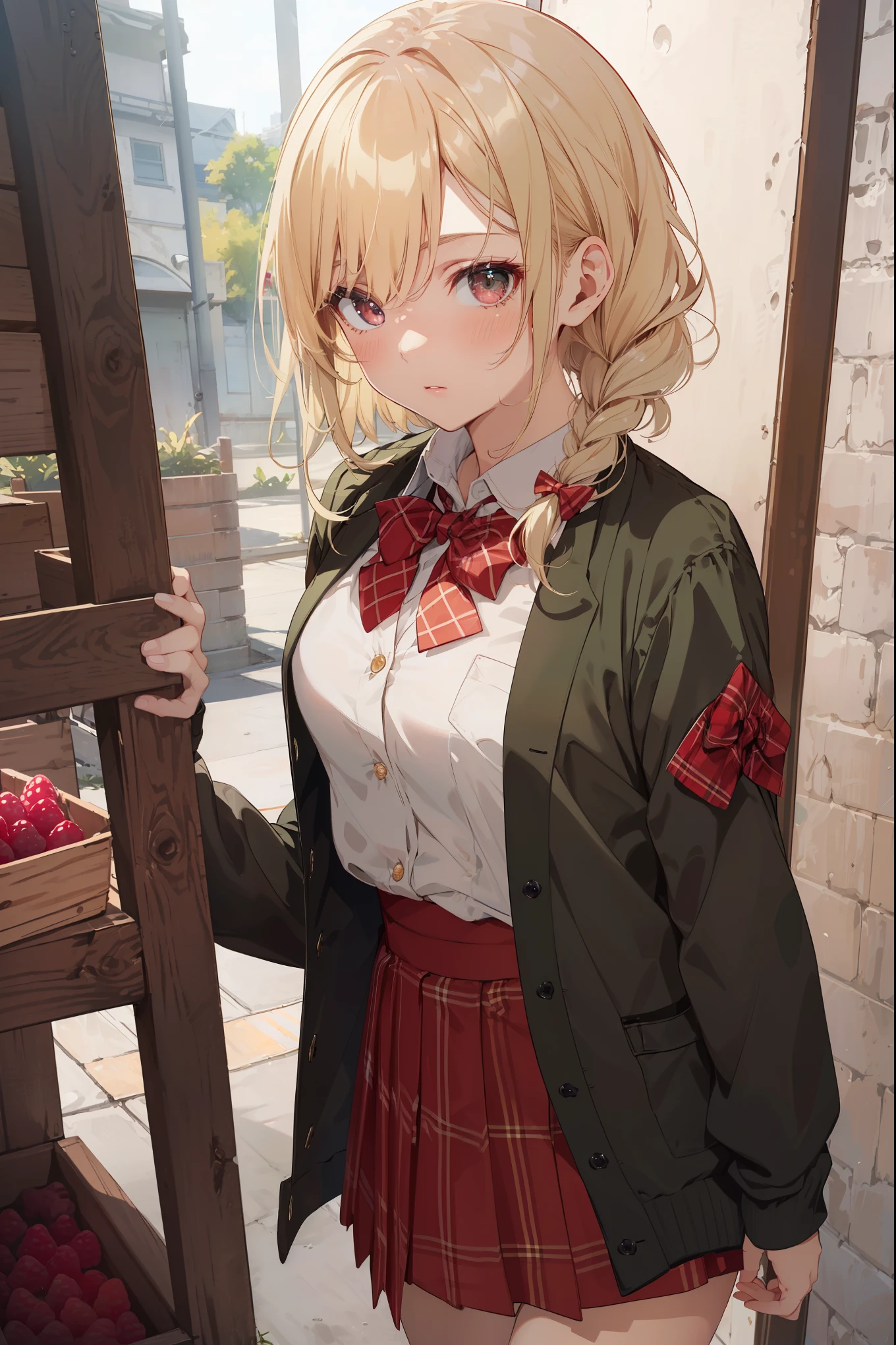 ((Masterpiece, Top Quality, High Resolution, UHD, Perfect Pixel, Depth of Field, 8k, RTX, HDR)), 1 Girl, Single, Solo, Beautiful Anime Girl, Beautiful Art Style, Rustic Anime Character, ((One Legs Bob, Medium Hair, Bangs, Blonde Hair Braids: 0 .5))), ((Deep Red Deep Red Color Eyes: 1.4, Round Eyes, Beautiful Eyelashes, Realistic Eyes)), ((Detailed Face, Blush: 1.2)), ((Smooth Texture: 0.75, Realistic Texture: 0.65, Photo Realistic: 1.1, Anime CG Style)), Dynamic Angle, Perfect Body, (( Portrait, framed)), ((green and yellow starched bow tie, uniform, black jacket, open jacket, deep red cardigan, white shirt, black skirt, plaid skirt)), mocking, mocking, small, small raspberry, cute, very cute raspberry, Really ridiculously cute and adorable little raspberry.
