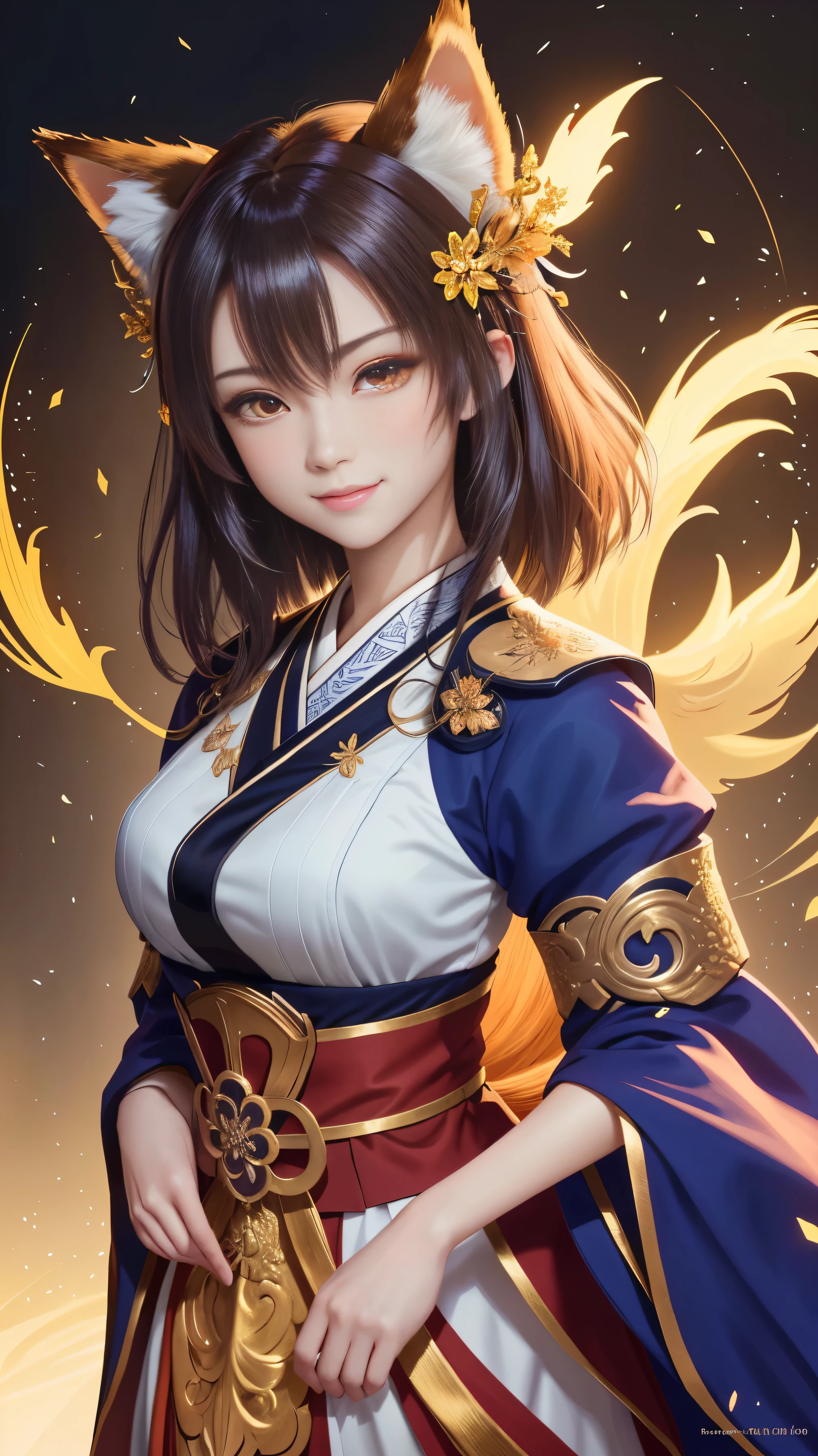 masterpiece , highest quality,close up of face,smile,black eye,equalize eye size,The whole body is facing forward,明るいFoxの髪,Sharp contrast,short hair,美しいフォルムのshort hair,just one person,precision quality,, masterpiece, japanese architectureの背景,beautiful details, colorful, delicate details, delicate lips, intricate details, genuine, ultrargenuineista, 枝に座っている色とりどりの髪のFoxを持つ女の子:mature, bright eyes, ,色とりどりのFox, Raposa the Nine Tails, 三尾Fox, 三尾Fox, Onmyoji Detail Art, beautiful art illustration, mythical creatures, Fox, beautiful digital art,shrine maiden,japanese architecture,Holding hands,exquisite digital illustration, mizutsune, Inspired by mythical wild nest creatures, pixiv in digital art, dazzling light, high contrast, Mysterious,