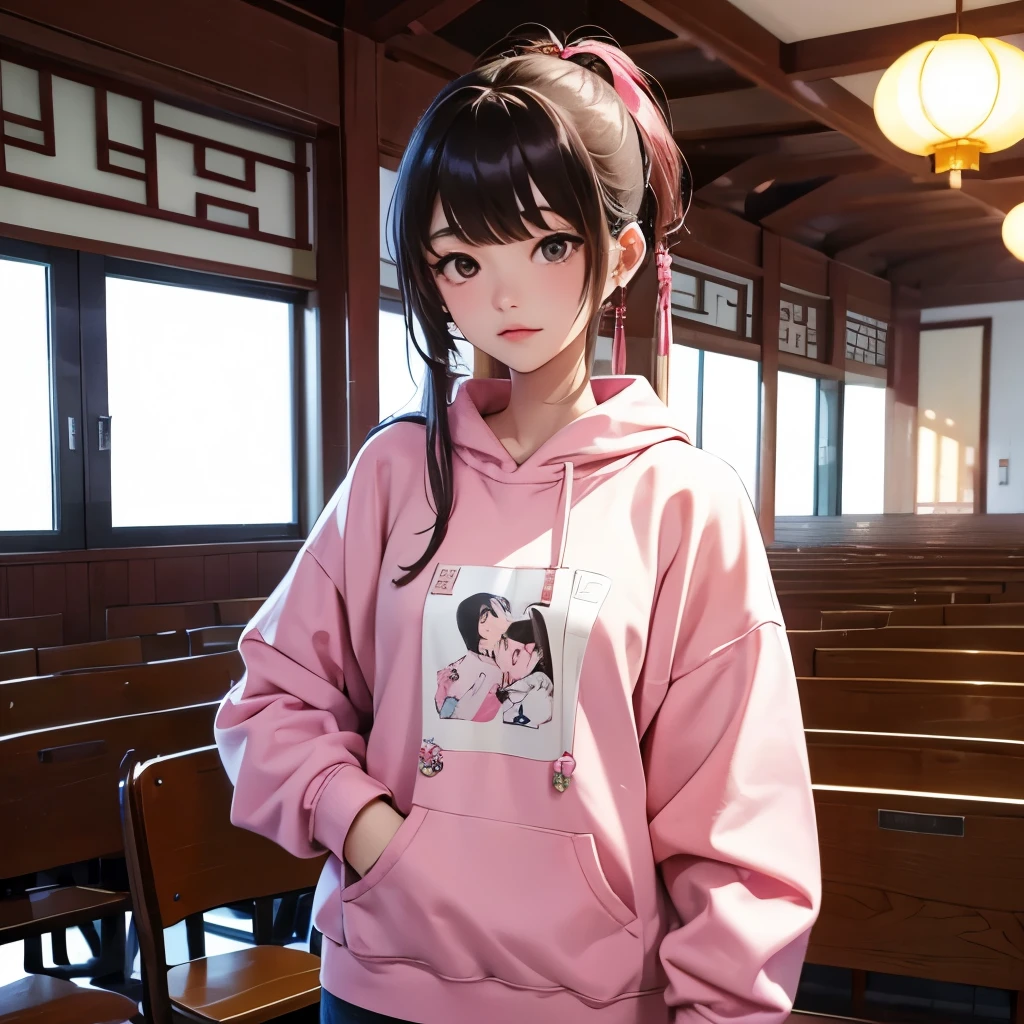 indoor，A 25-year-old Chinese woman，Wearing a pink and white sweatshirt，very beautiful，looking at the audience