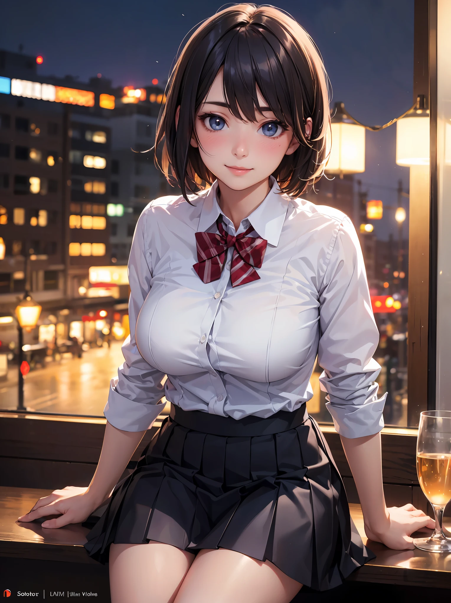 (8k, RAW photo, best quality, masterpiece:1.2), (realistic, photo-realistic:1.37), ultra-detailed,
1 girl,cute, solo,beautiful detailed sky,detailed cafe,night,sitting,dating,(nose blush),(smile:1.1),(closed mouth),large breasts, seductive smile, large aparture, professional lighting, Sony A7R4, Zessie 50mm F1.8,
medium breasts,beautiful detailed eyes,(collared shirt:1.1), bowtie,pleated skirt,(short hair:1.2),floating hair 