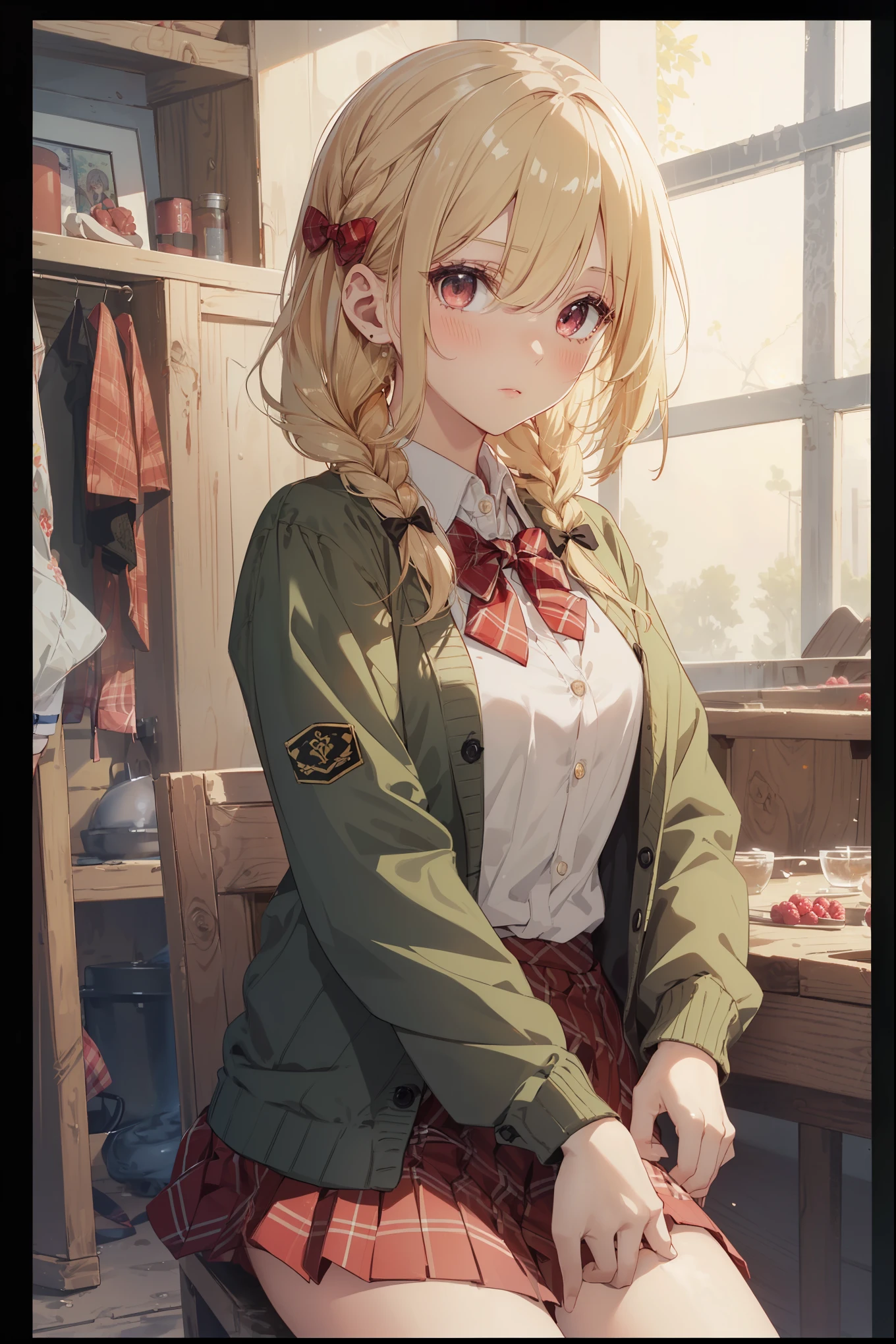 ((Masterpiece, Top Quality, High Resolution, UHD, Perfect Pixel, Depth of Field, 8k, RTX, HDR)), 1 Girl, Single, Solo, Beautiful Anime Girl, Beautiful Art Style, Rustic Anime Character, ((One Legs Bob, Medium Hair, Bangs, Blonde Hair Braids: 0 .5))), ((Deep Red Deep Red Color Eyes: 1.4, Round Eyes, Beautiful Eyelashes, Realistic Eyes)), ((Detailed Face, Blush: 1.2)), ((Smooth Texture: 0.75, Realistic Texture: 0.65, Photo Realistic: 1.1, Anime CG Style)), Dynamic Angle, Perfect Body, (( Portrait, framed)), ((green and yellow starched bow tie, uniform, black jacket, open jacket, deep red cardigan, white shirt, black skirt, plaid skirt)), mocking, mocking, small, small raspberry, cute, very cute raspberry, Really ridiculously cute and adorable little raspberry.