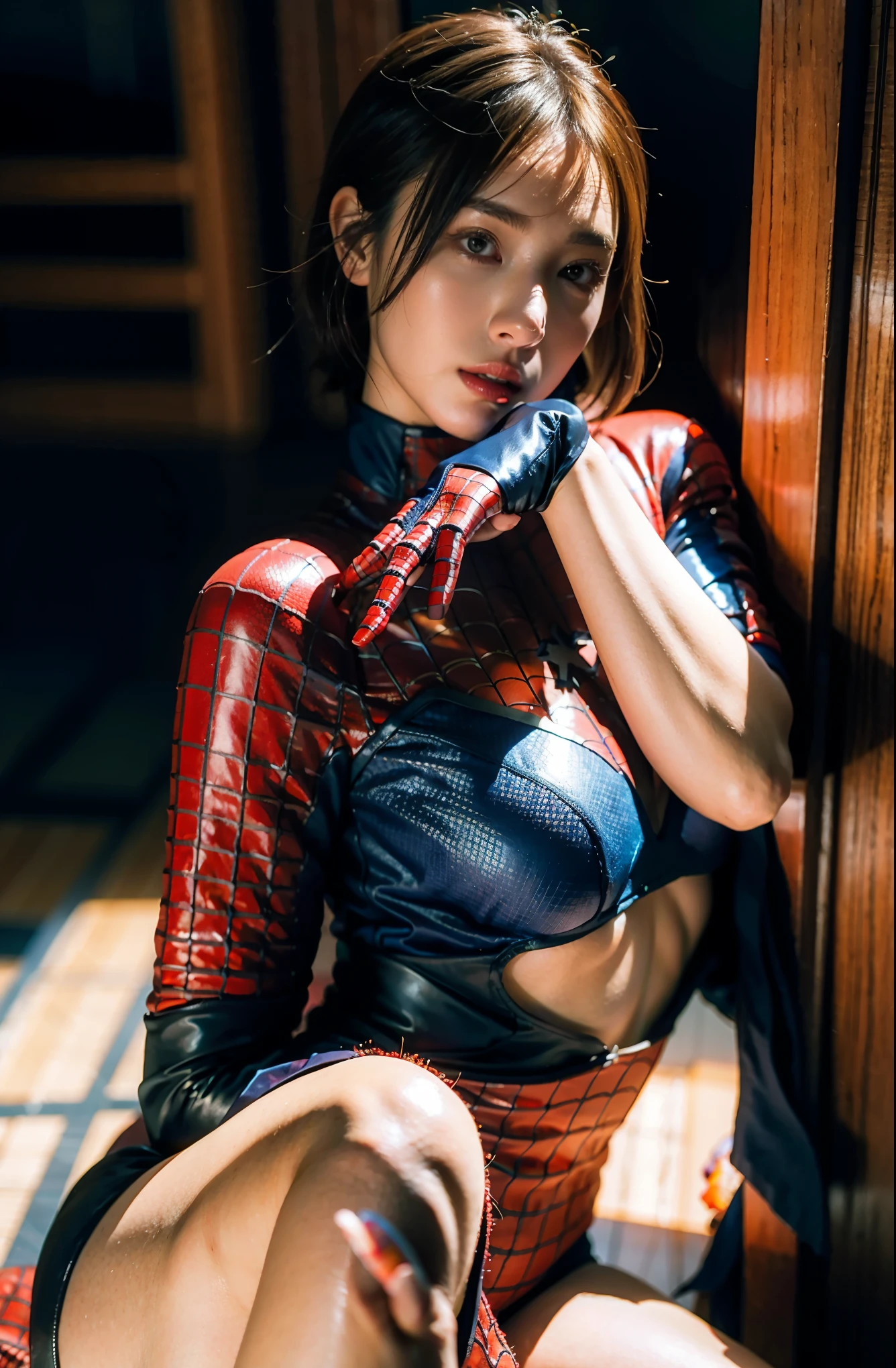 (wearing spiderwoman_cosplay_outfit:1.1), in front of a sky, (red and blue clothing:1.3), good hand, 4k, high-res, masterpiece, best quality, head: 1.3, ((Hasselblad photograph))RAW photo, (photorealistic: 1.37, realistic), highly detailed CG unified 8K wallpapers, 1girl, ((thick body: 0.8)), (breasts: 1.6), looking at the viewer, (((straight from the front))), (HQ skin: 1.2, shiny skin),  8k uhd, dslr, soft lighting, high quality, grain film, Fujifilm XT3, (full body: 0.9) (professional lighting: 1.6),